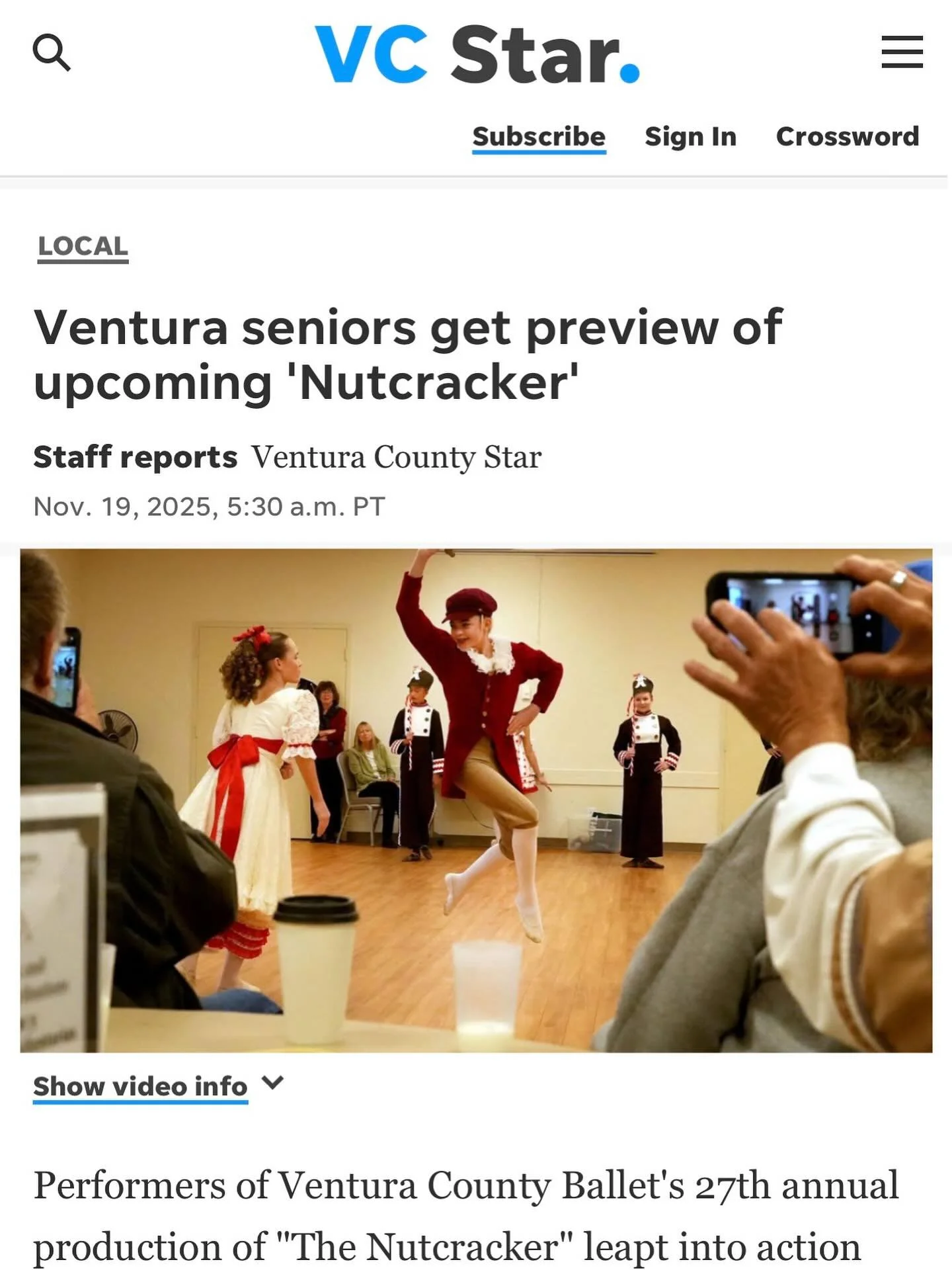 We loved sharing Nutcracker excerpts with the seniors at the Ventura Avenue Adult Center and honored the VC Star captured this special moment.✨

Community outreach is at the heart of Ventura County Ballet, and bringing the magic of dance to audiences