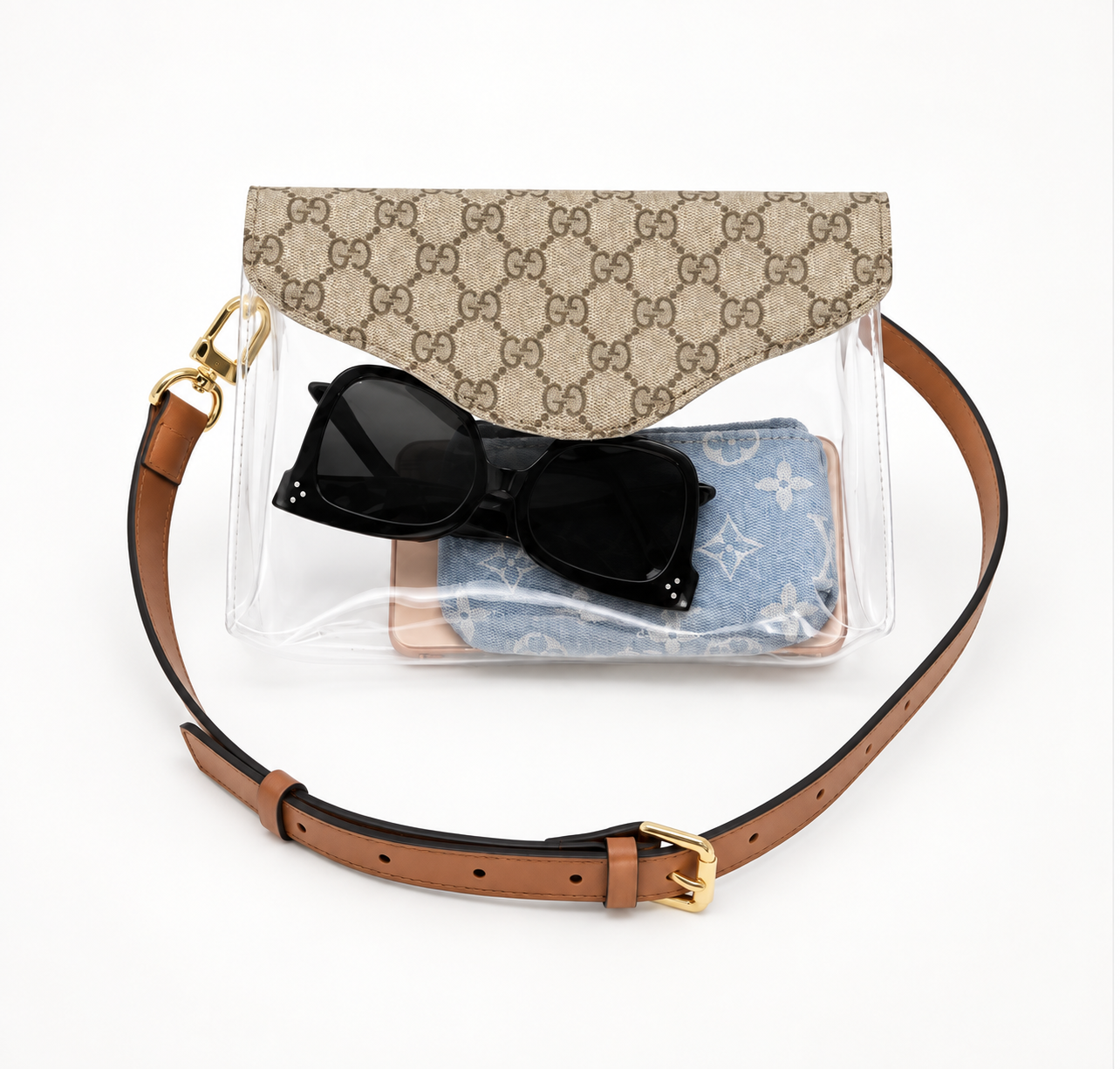 GUCCI HARVESTED AUTH CANVAS UPCYCLED CLEAR STADIUM CONCERT BAG W/ LEATHER STRAP