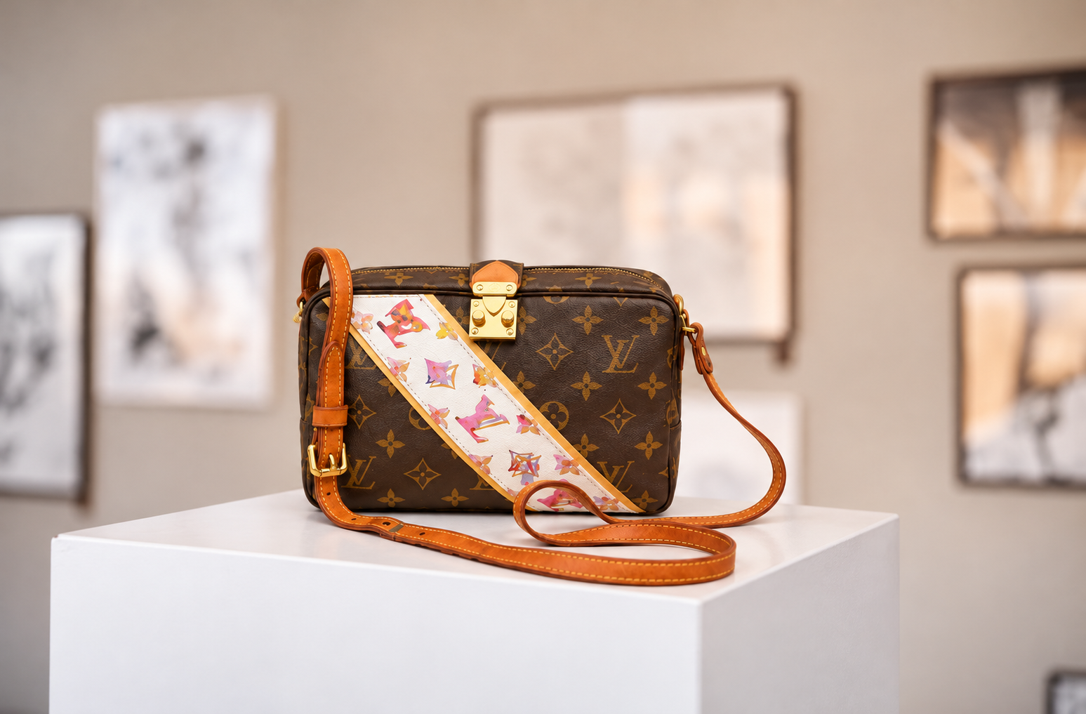 Hand-painted vintage monogram crossbody bag displayed on a white pedestal