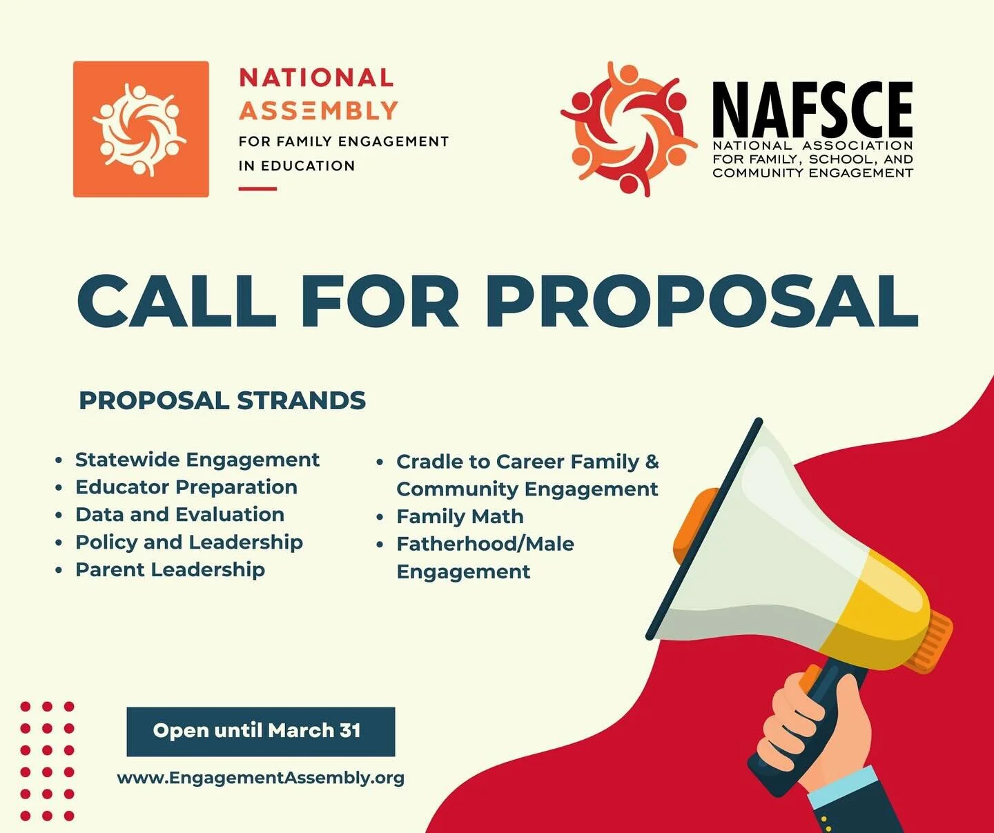 Calling all family engagement researchers, practitioners, and leaders! Don’t miss your opportunity to present at NAFSCE’s National Assembly for Family Engagement in Education. Learn more and submit your proposal at engagementassembly.org