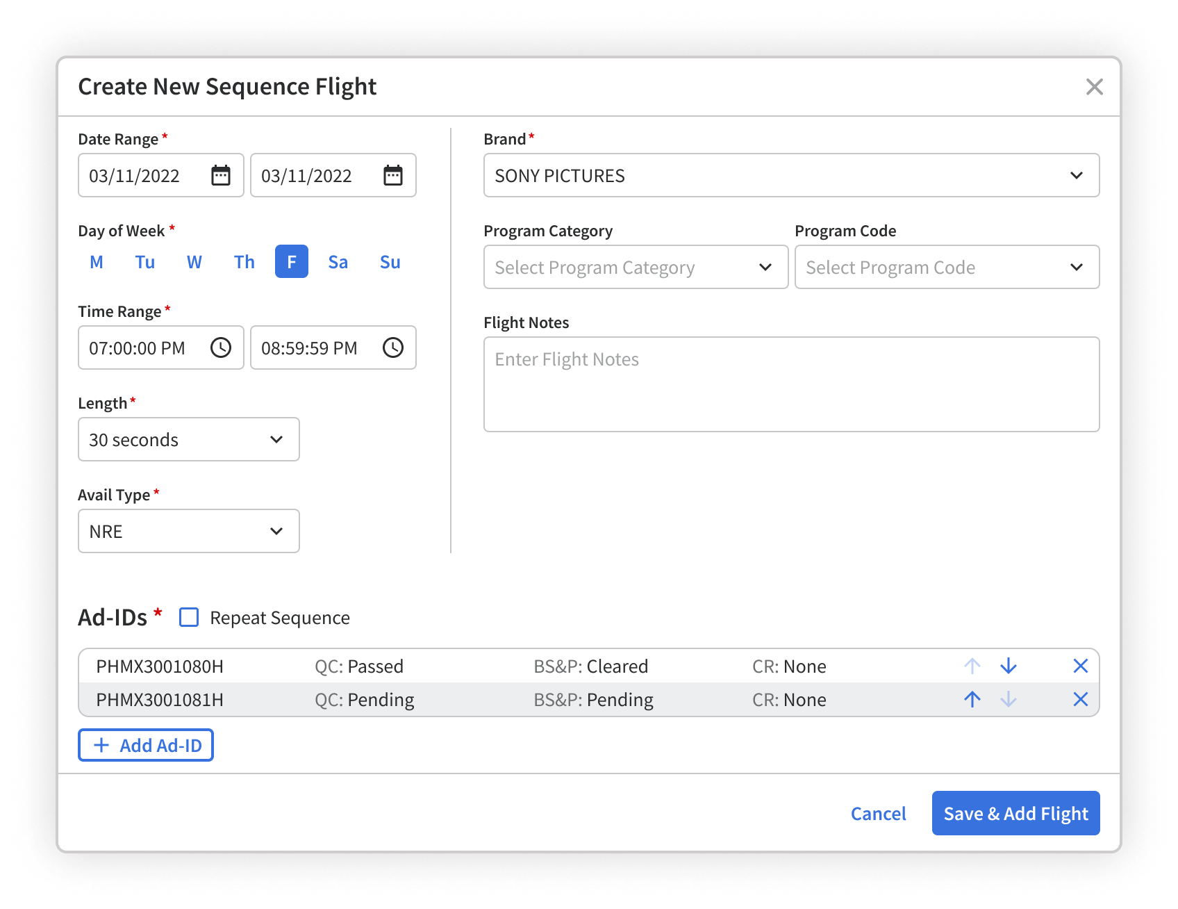 Image of a modal with flight form inputs and a table for ad or media IDs.