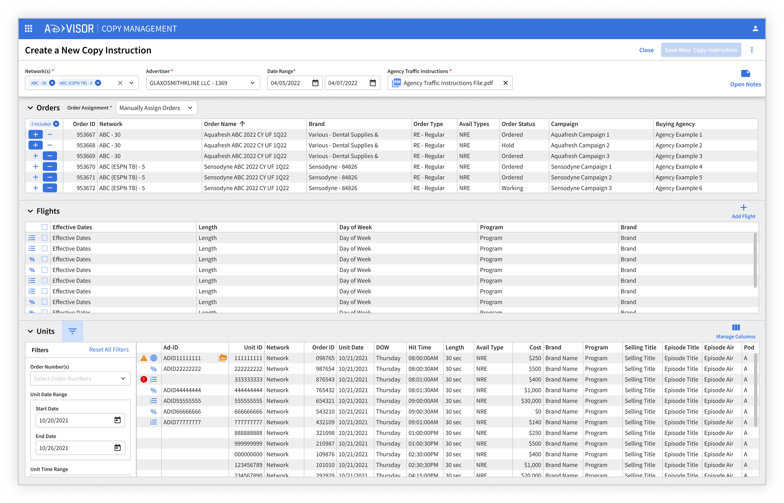 Image showing Copy Instruction information form inputs at the top and three vertical expandable containers with tables labeled orders, flights, and units.