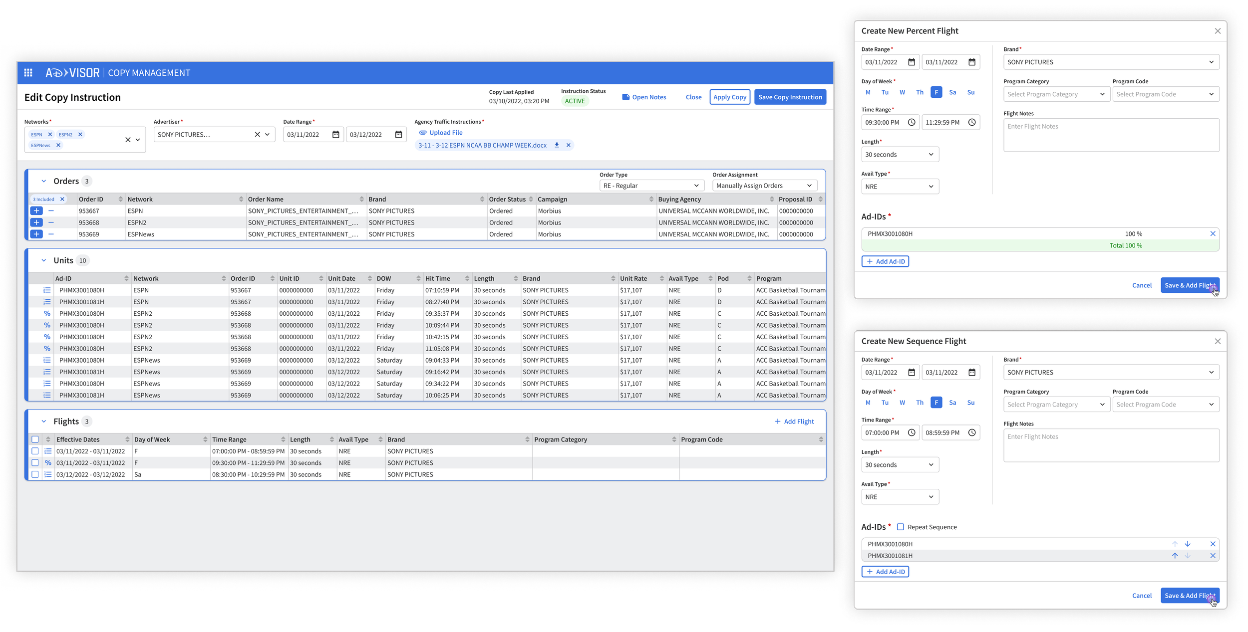 Image showing Copy Instruction information form inputs at the top and three vertical expandable containers with tables labeled orders, flights, and units. There are two modals showing flight creation forms.
