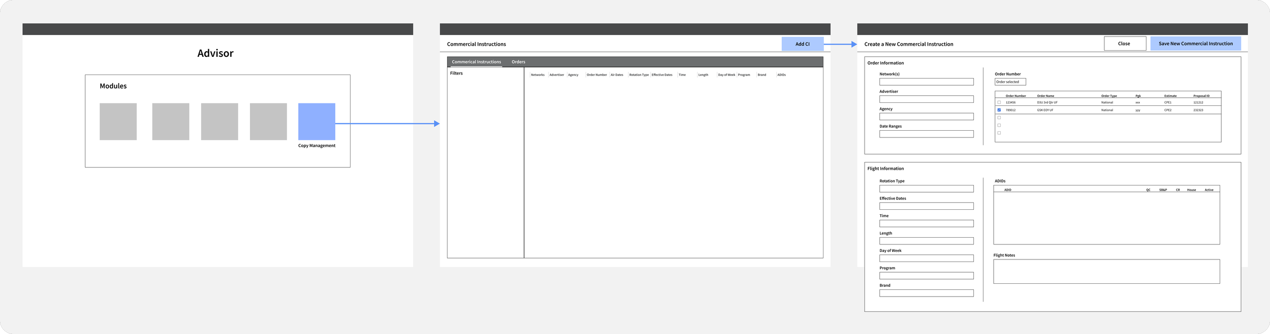 Image of three wireframes. each screen has a highlighted element showing what to click with an arrow to the next screen.