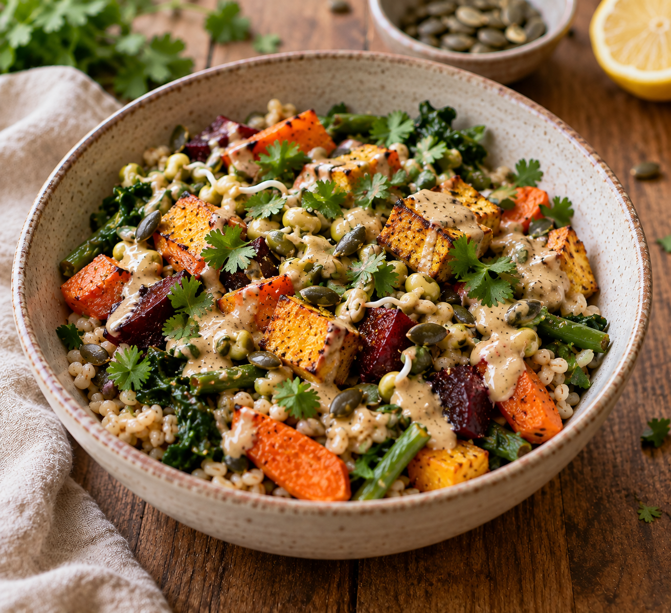 Warm seasonal grain bowl with roasted vegetables, pearl barley, mung sprouts, greens and tahini dressing.
