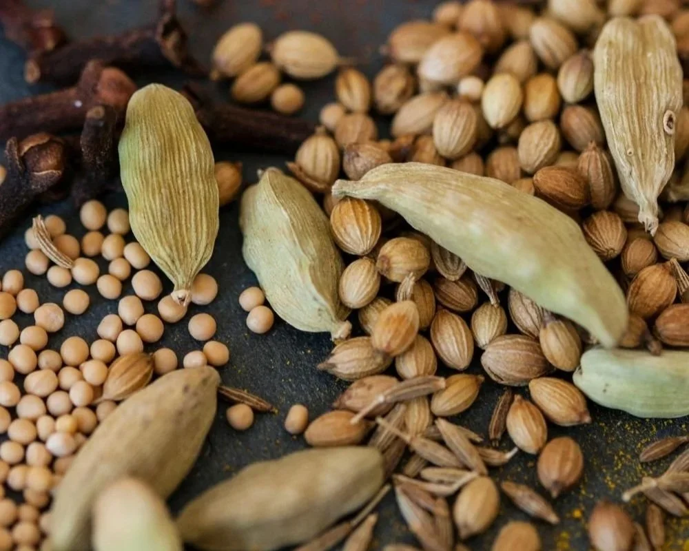 cardamom pods, coriander and cumin seeds cooling summer spices