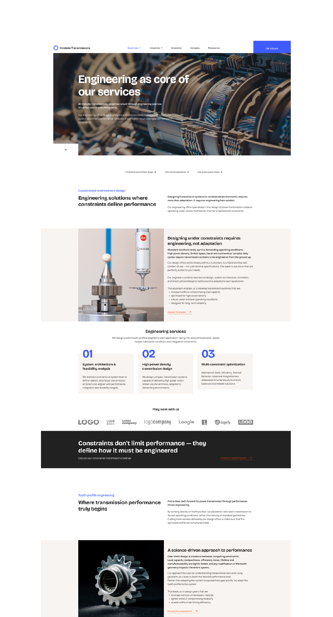 Page du site internet Involute Transmissions présentant ses services d’ingénierie en transmission de puissance