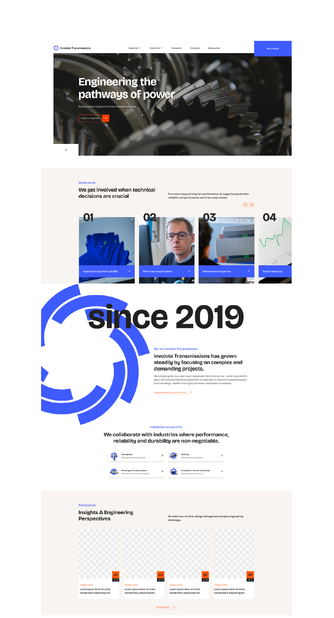 Interface du site Involute Transmissions mettant en avant son expertise en ingénierie industrielle et performance