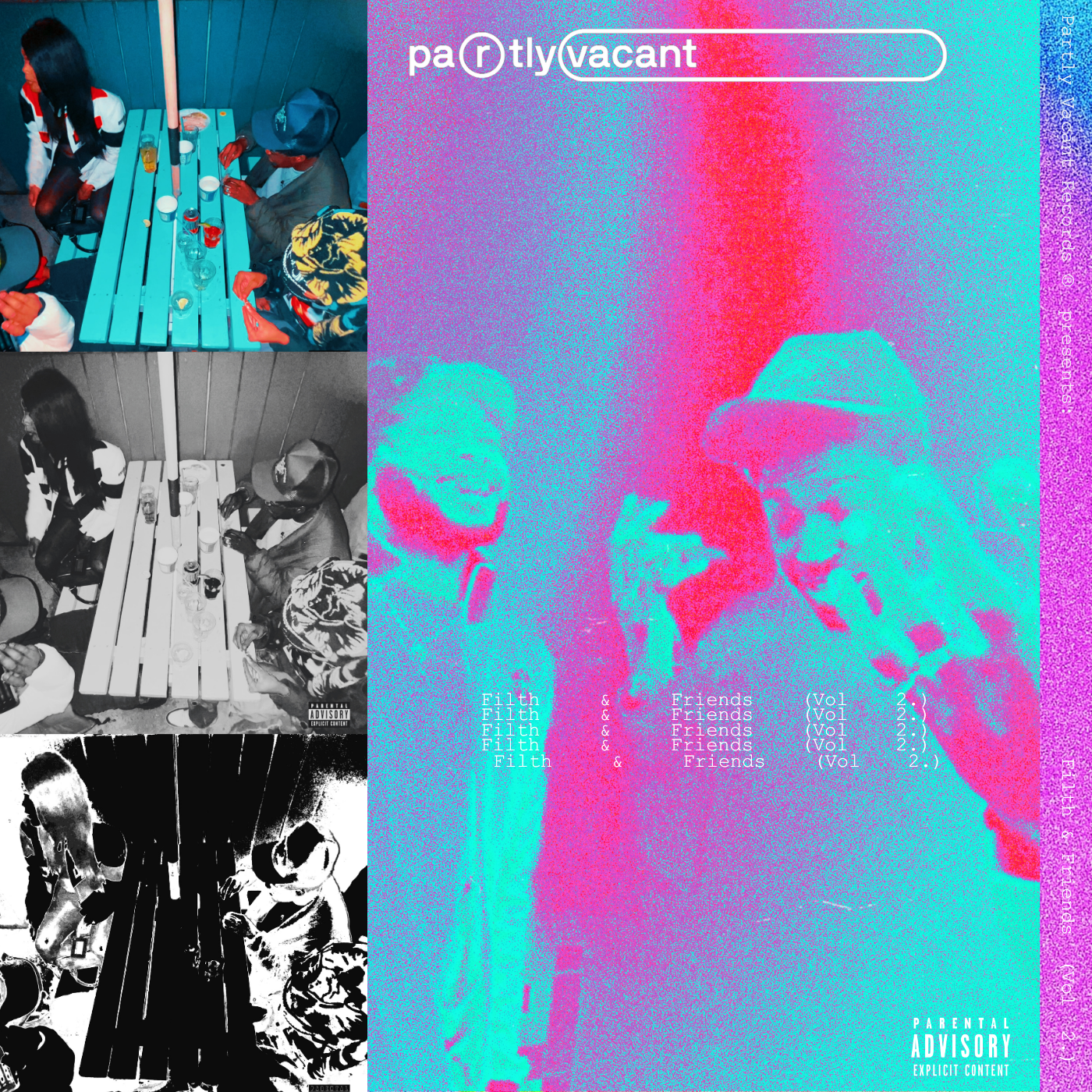 A collage of four images, with three in black and white and one colored, showing people at a table with drinks, and the right side featuring a grainy, colorful overlay with three people smiling and talking, with text that reads 'partly vacant' and 'Filth & Friends Vol 2'.