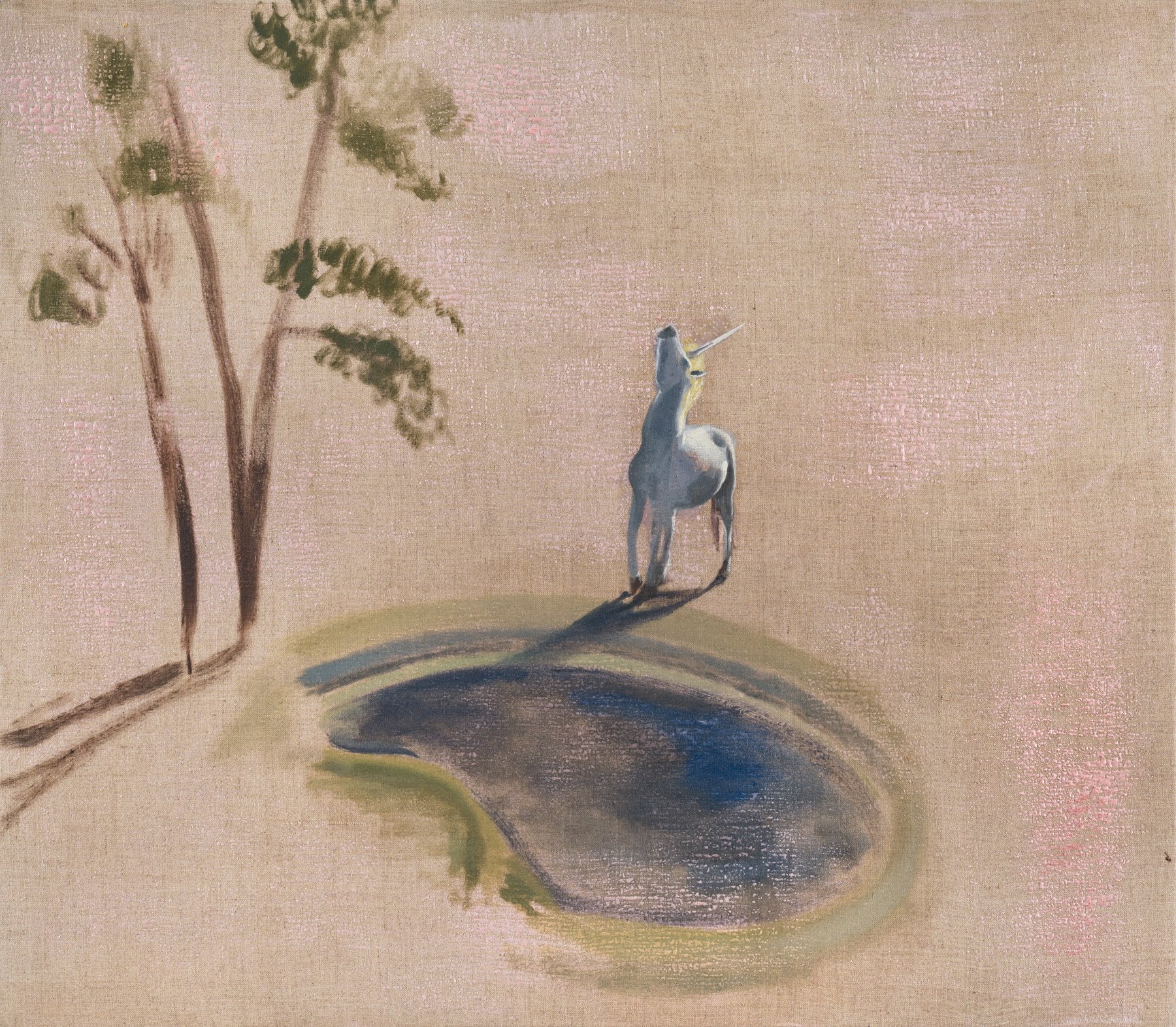 Oil painting on linen depicting a blue unicorn standing on the edge of a dark reflective pool, gazing at its reflection in the water.
