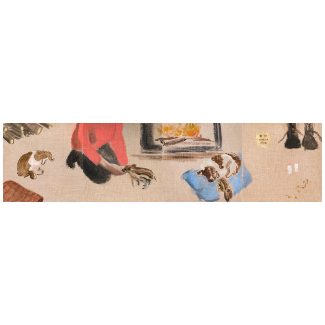 The Hunter's Wife (The Story of Gino), 2023, oil on jute, four panels of 40x40 cm each