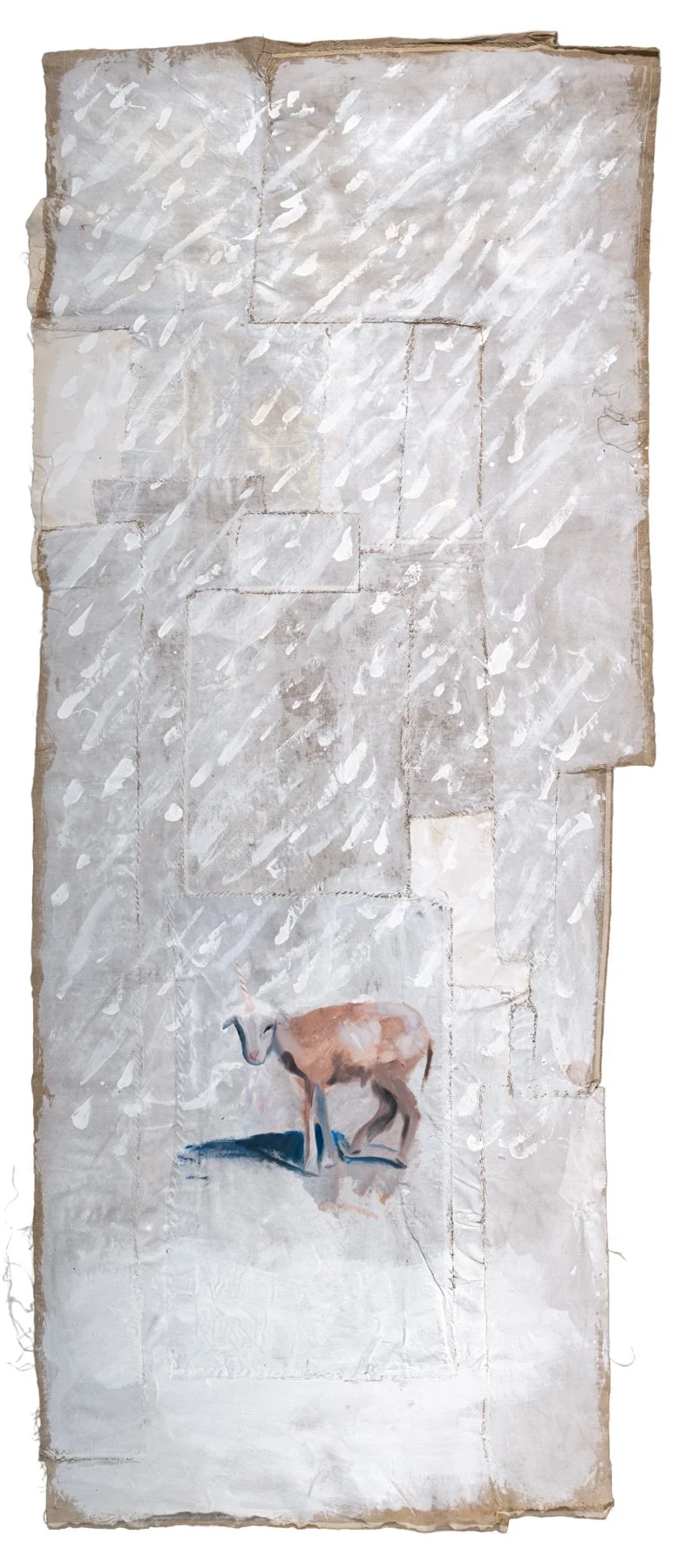 Snowstorm (Happy First Birthday), 2025, Gesso, oil, and cotton thread on hand-stitched linen and cotton, 335x140 cm