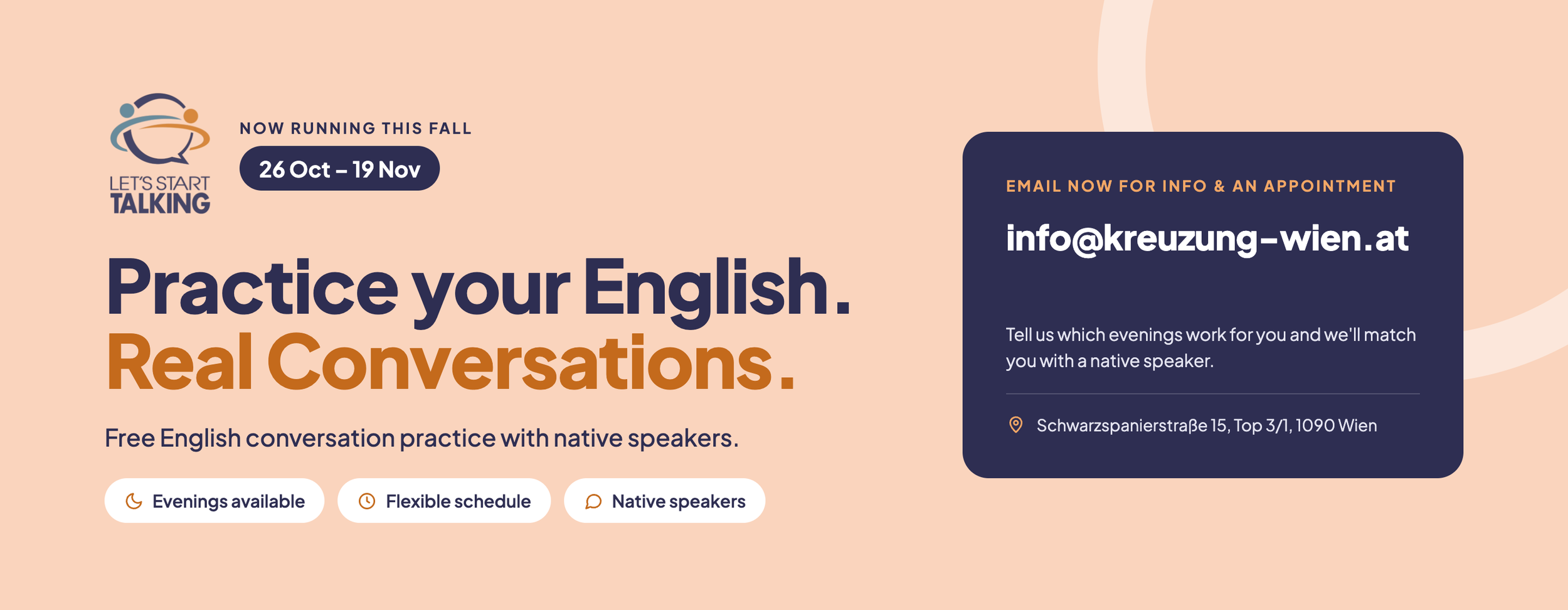 Free English conversation practice in Vienna with native speakers – Let’s Start Talking, 26 Oct – 19 Nov, evenings and flexible times