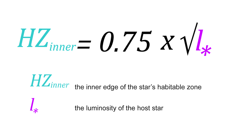 the inner edge of the habitable zone equals 0.75 multiplied by the square root of the luminosity of the host star.