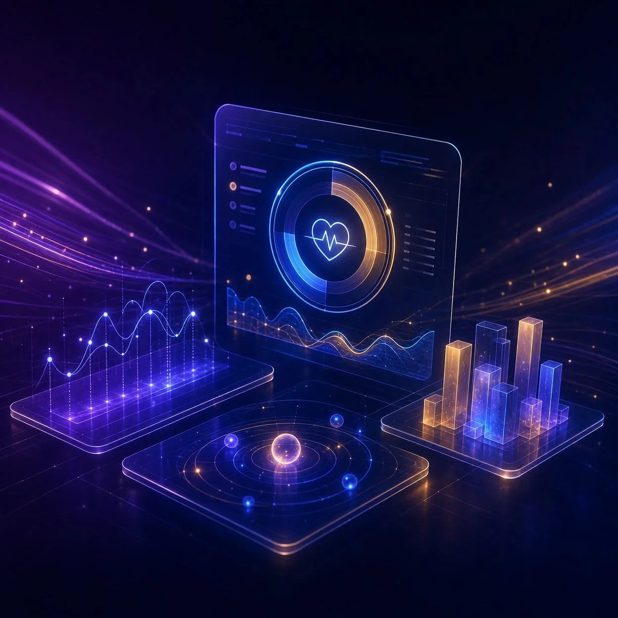 Digital illustration of health data analytics with holographic charts, graphs, and a heart monitor symbol, set against a dark background with glowing light streaks.