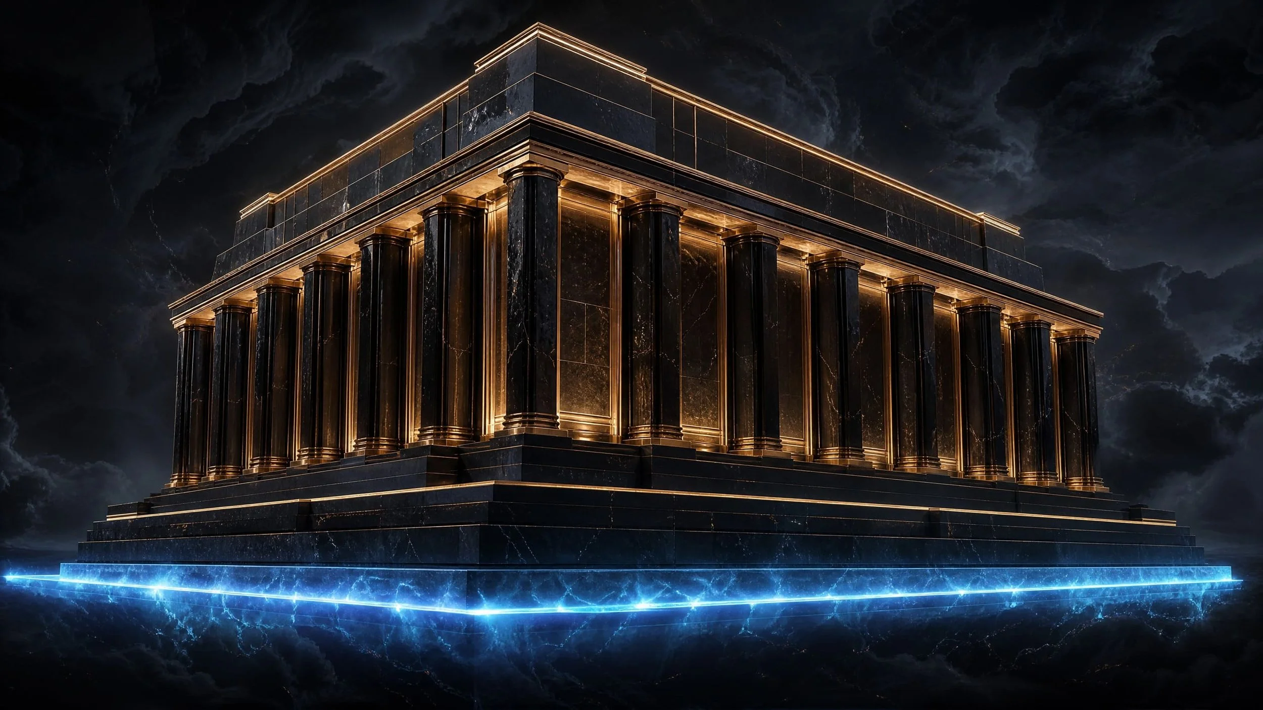 A grand, dark marble building with tall black columns outlined in gold, glowing from within, surrounded by stormy clouds with lightning and an electric blue energy ring at the base.