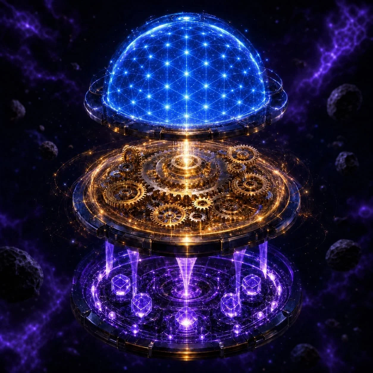 Futuristic digital illustration of a three-tiered technological device with glowing gears, gears, and gears, surrounded by a cosmic space background with asteroids and purple nebulae.
