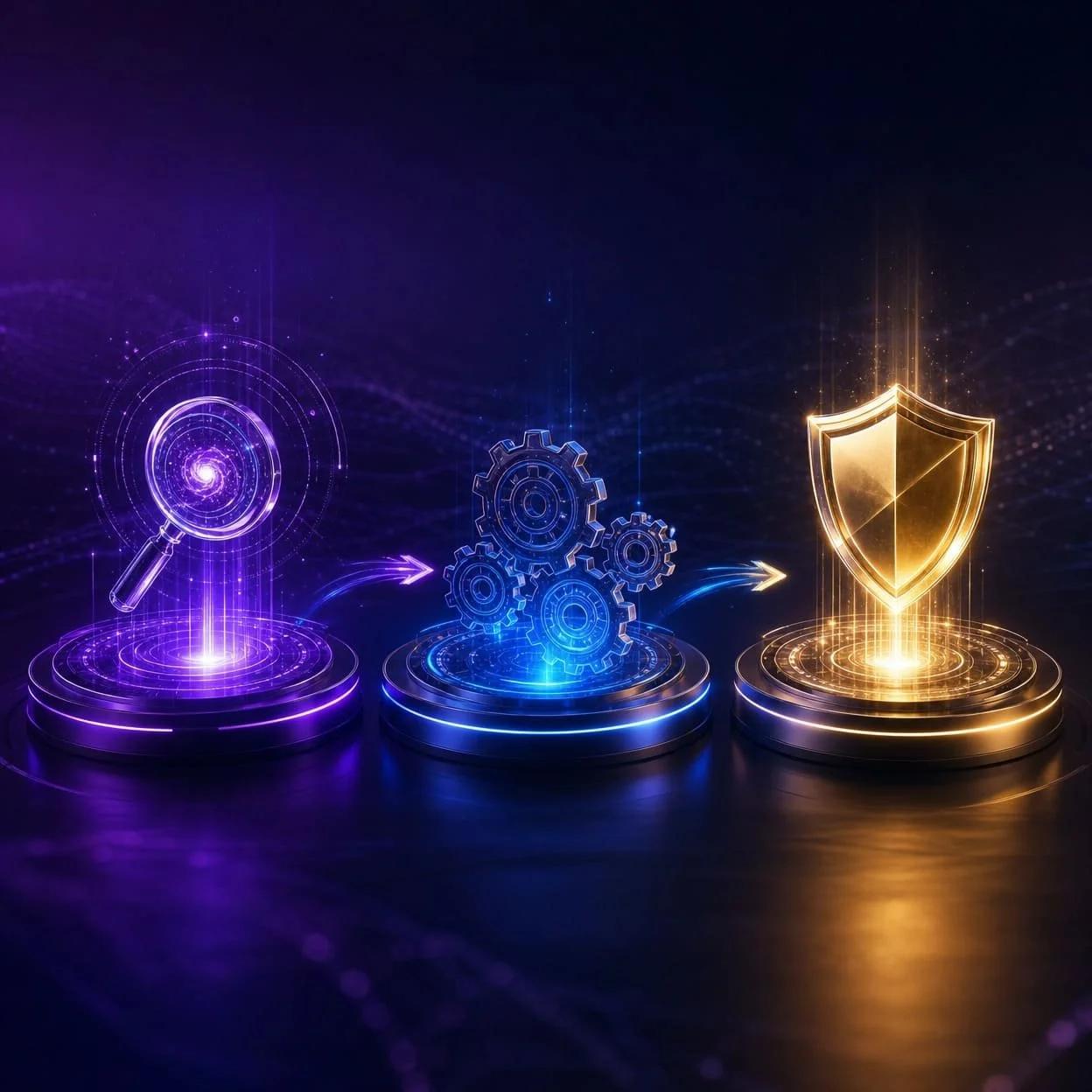 Digital illustration depicting a process of data analysis or transformation, starting with a magnifying glass and ending with a shield symbolizing security or protection.