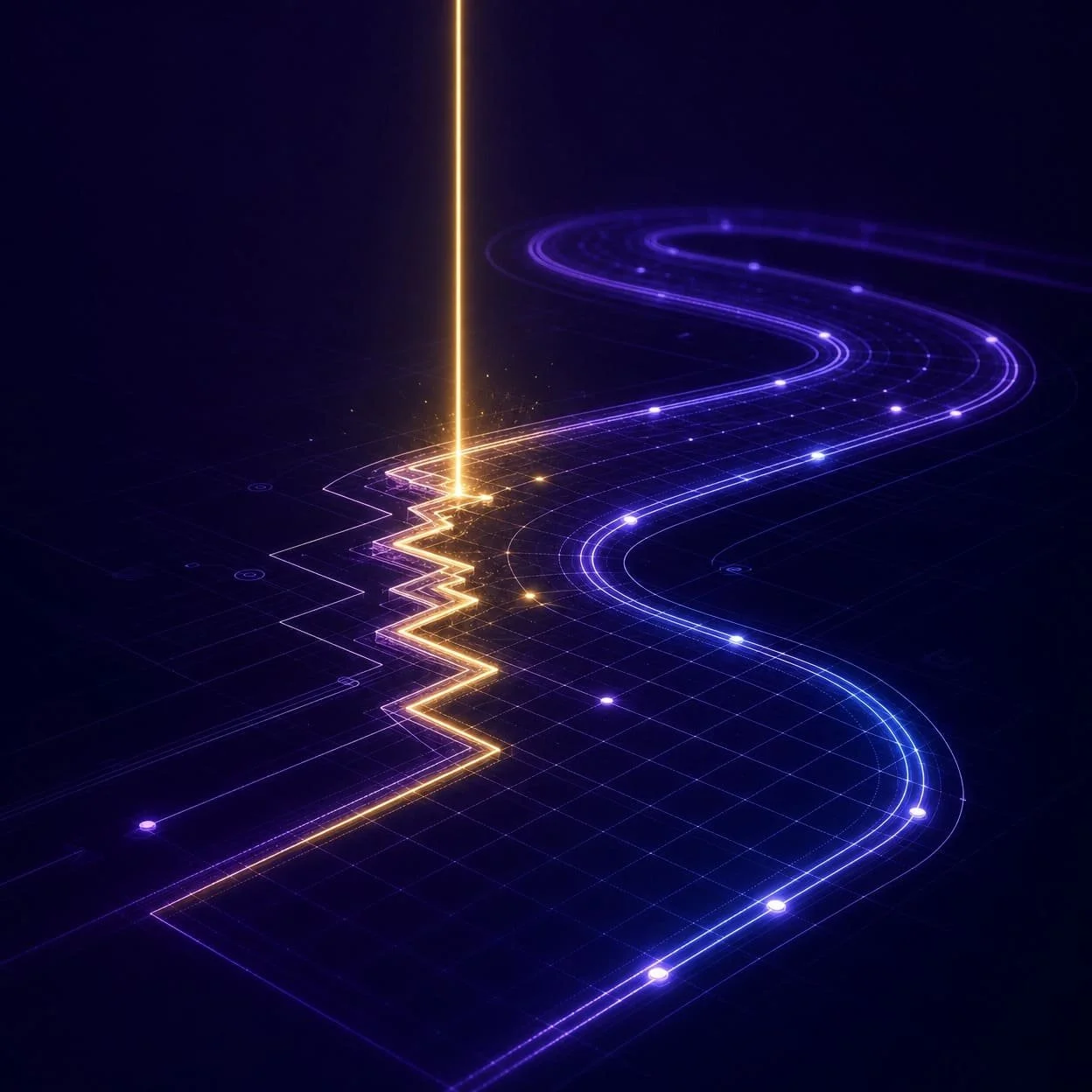 Digital abstract background featuring a glowing, zigzag yellow line on the left and a smooth, winding purple line on the right, connected to a grid with bright nodes.
