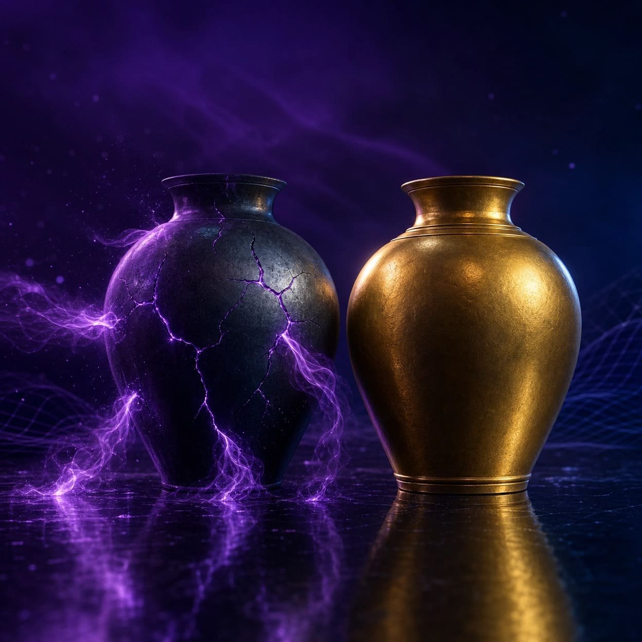 Two decorative vases, one black with purple lightning crackles and one gold, with a dark cosmic background.