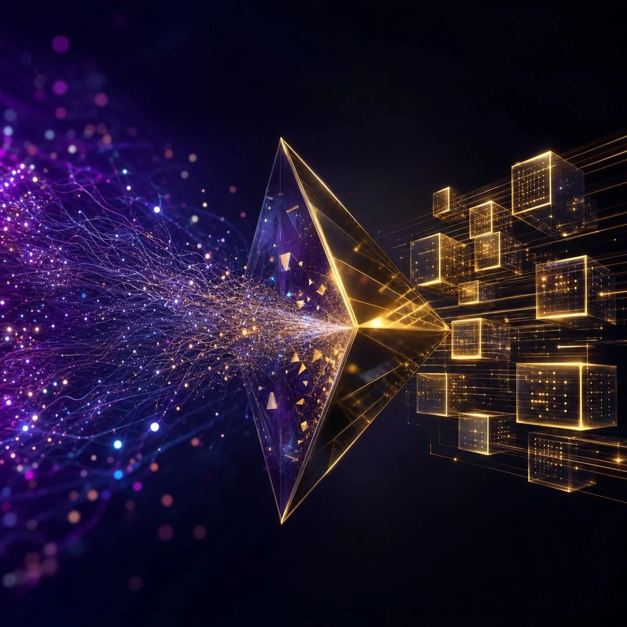 Digital art of a glowing golden pyramid with streams of purple and blue particles and connected cubes extending from it, on a dark background.