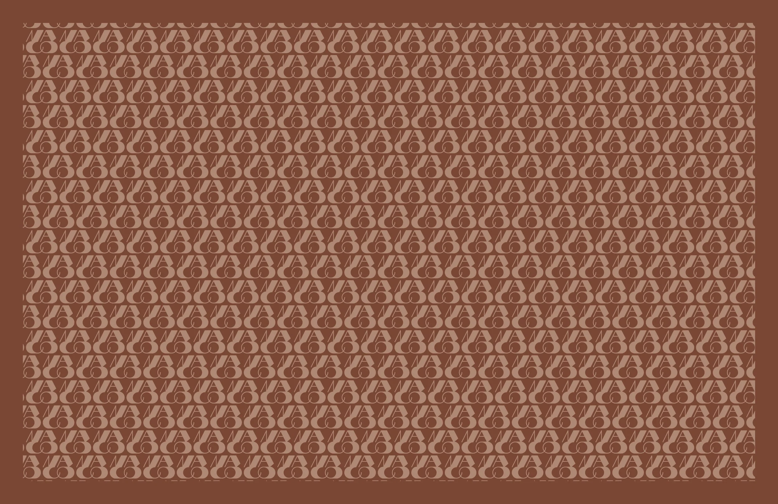 Pattern design with abstract shapes and letters, red and beige color scheme.