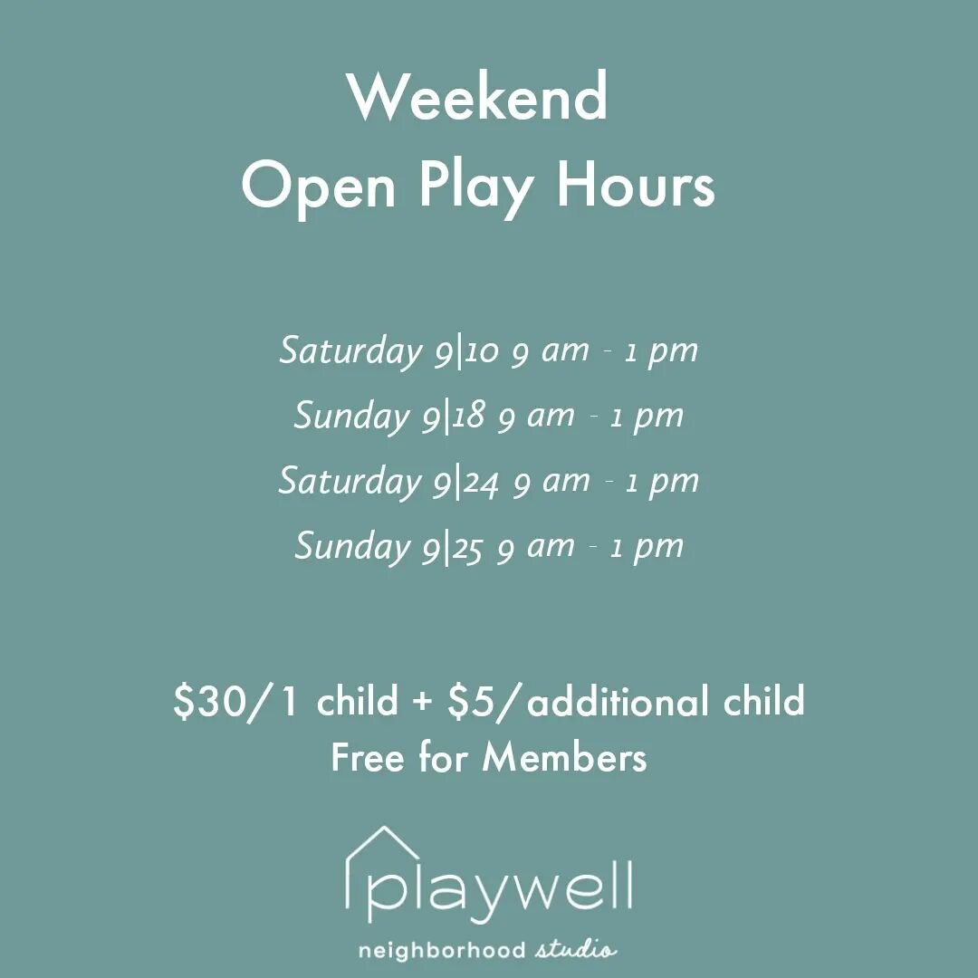 We are excited to announce our September Weekend Open Play hours! 
We will be open:

SAT 9/10 9 am - 1 pm
SUN 9/18 9 am - 1 pm
SAT 9/24 9 am - 1 pm
SUN 9/25 9 am - 1 pm 

Cost:
$30/1 child + $5/additional child (any number of adults may enter with ch