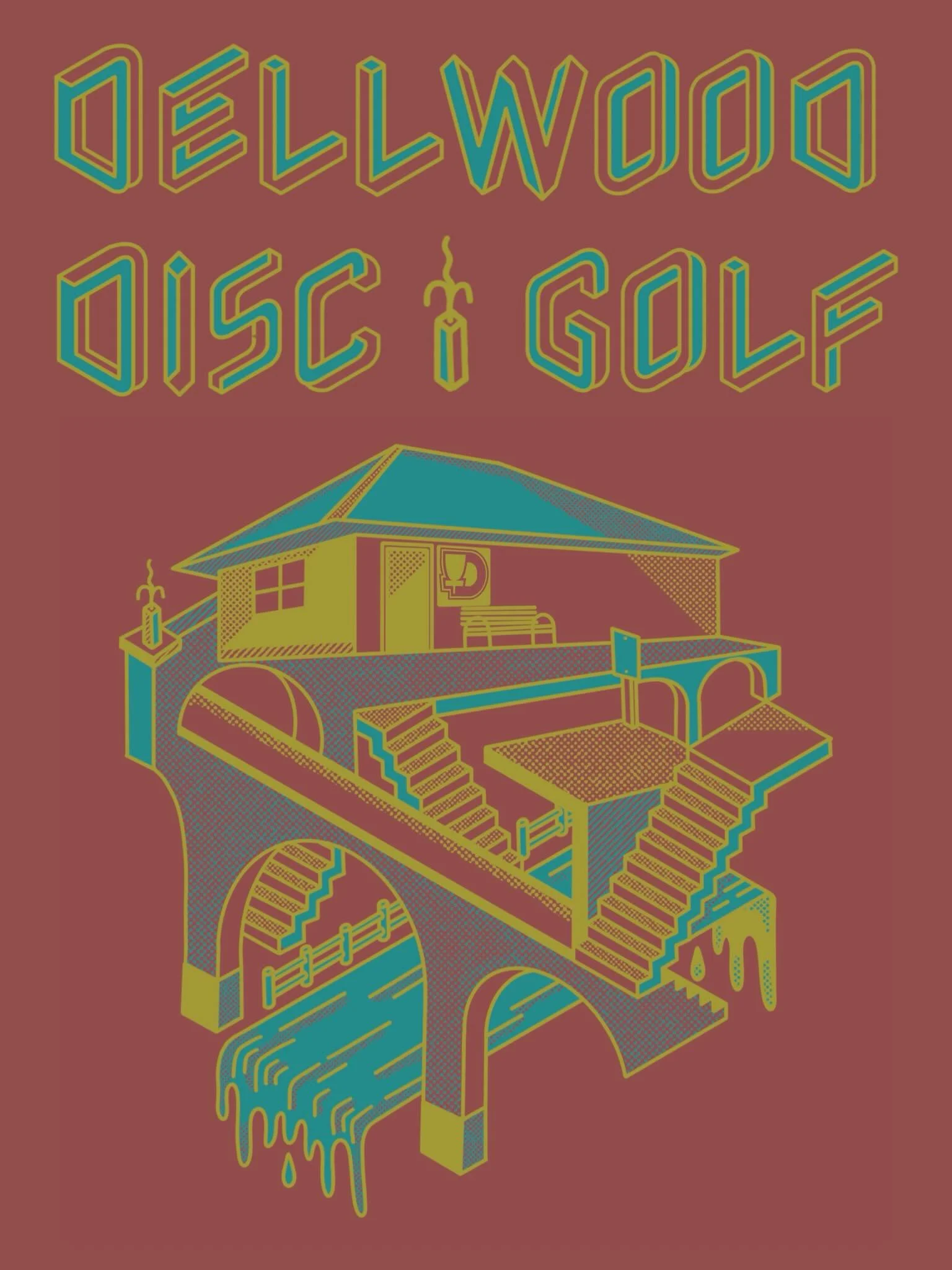 Sheila&rsquo;s latest t-shirt design!

M.C. Escher inspired artwork depicting the many stairs, arches and angles on the course. 

Printed by @unstable.disc.golf on comfort colors and available in three different color ways. 

$25 in store or online 
