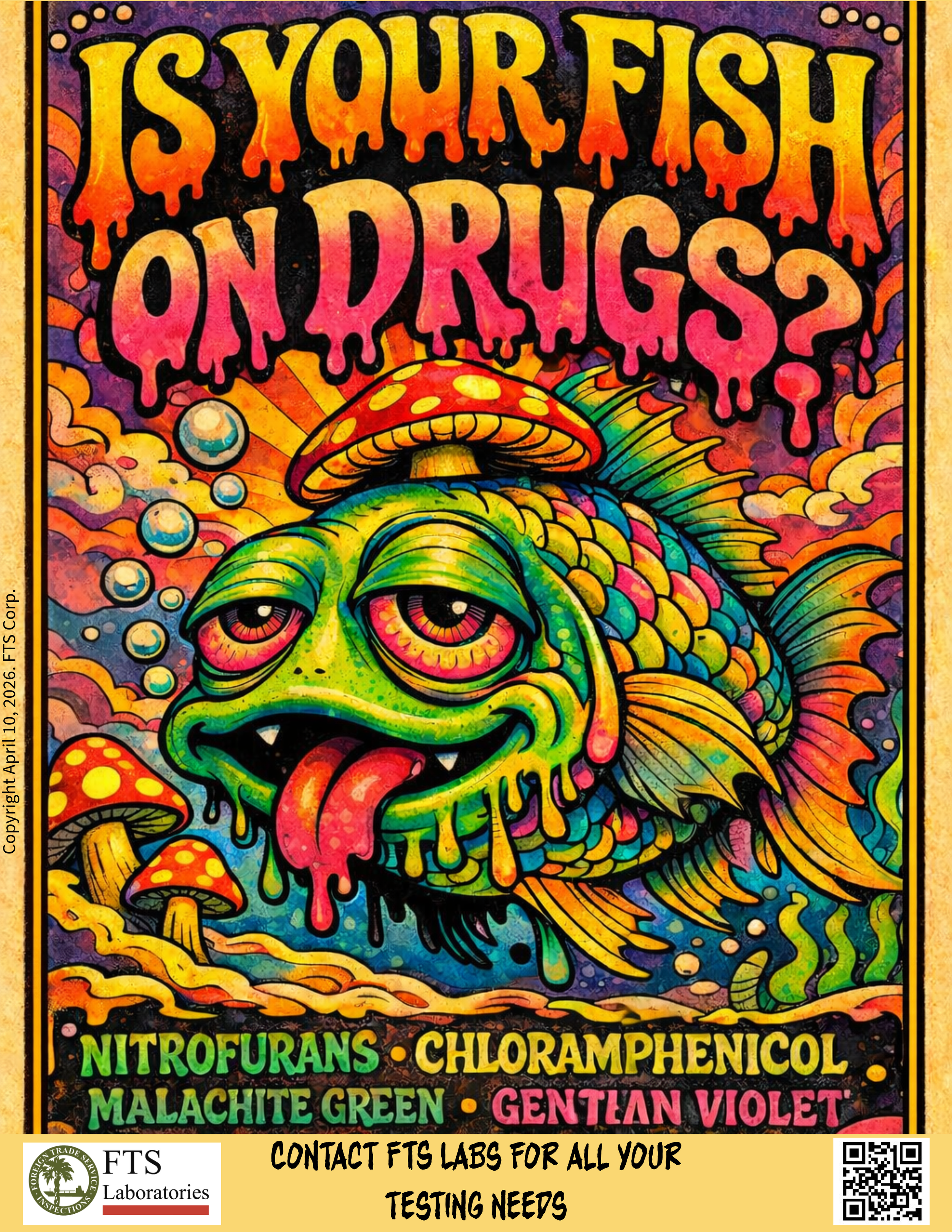Colorful psychedelic artwork featuring a fish with a mushroom hat and large eyes, with the text "Is Your Fish On Drugs?" at the top. The text below lists chemicals: Nitrofuran, ChloroPhenicol, Malachite Green, and Gentian Violet, and includes contact information for testing needs.