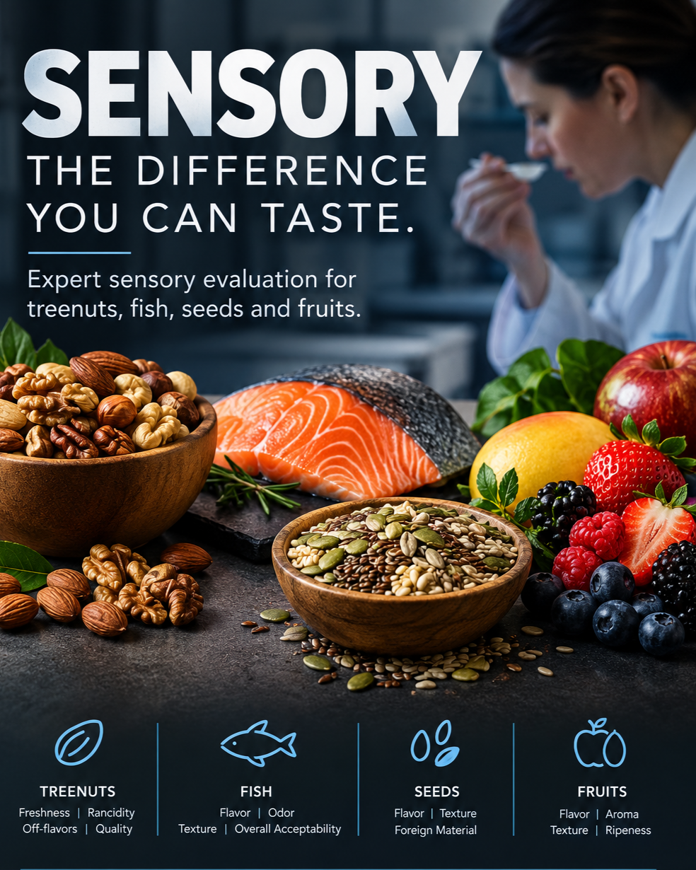 A woman tasting food in a kitchen with an assortment of nuts, fish, seeds, and fruits on the counter, promoting expert sensory evaluation for taste.