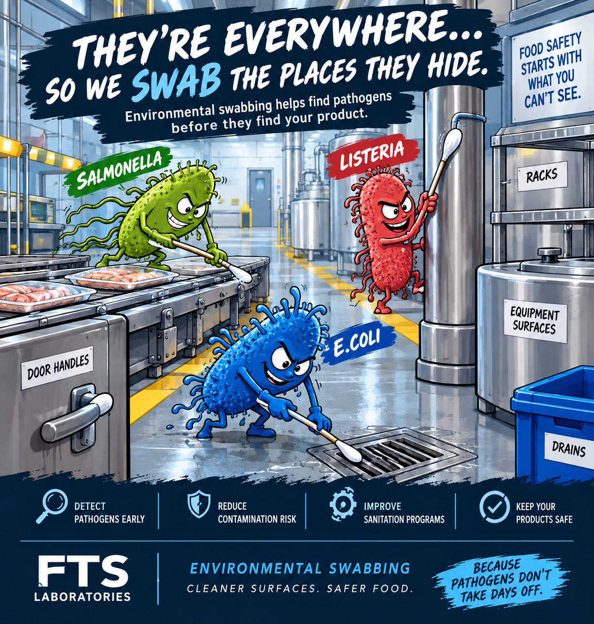 Illustration of cartoon bacteria characters representing Salmonella, Listeria, and E. coli, cleaning a food processing facility with brushes and tools. The bacteria are depicted with mischievous expressions around equipment like door handles, racks, and drainage systems, promoting environmental swabbing for pathogen detection, reduction, and food safety.