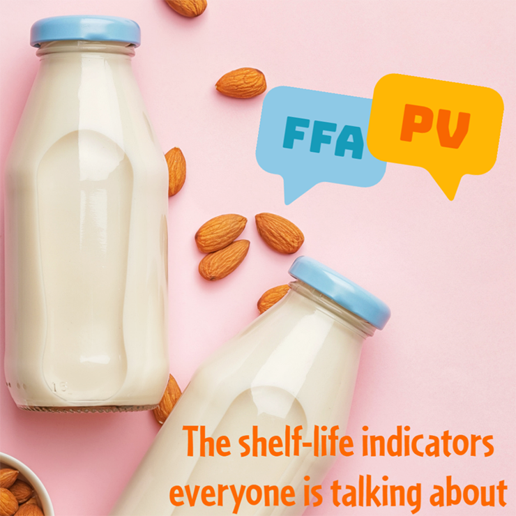 Two glass bottles of almond milk with blue caps, scattered almonds, and speech bubbles with the acronyms 'FFA' and 'PV', over a pink background, with orange text that reads 'The shelf-life indicators everyone is talking about'.