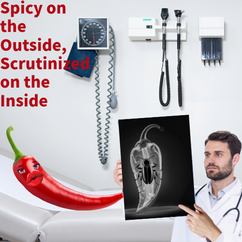 Medical examination room with a doctor holding an X-ray of a scorpion, a red chili pepper with a face, and medical tools on the wall, with the phrase 'Spicy on the Outside, Scrutinized on the Inside' in red text.