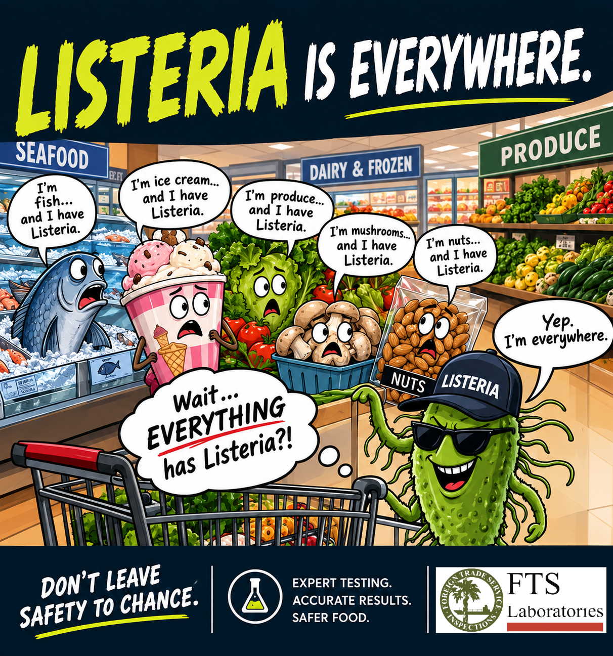 Cartoon of grocery store produce section with anthropomorphic fish, ice cream, lettuce, mushrooms, nuts, and a pill with Listeria. Listeria is depicted as a green, smiling germ wearing sunglasses and a cap, saying it is everywhere, with a shopping ca