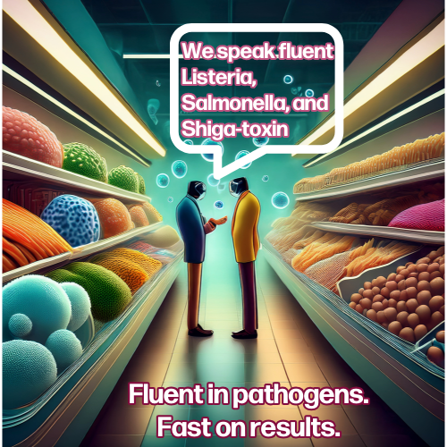 Two people wearing masks looking at grocery store salmonella and shiga-toxin bacteria in a digital illustration with a speech bubble stating "We speak fluent Listeria, Salmonella, and Shiga-toxin."