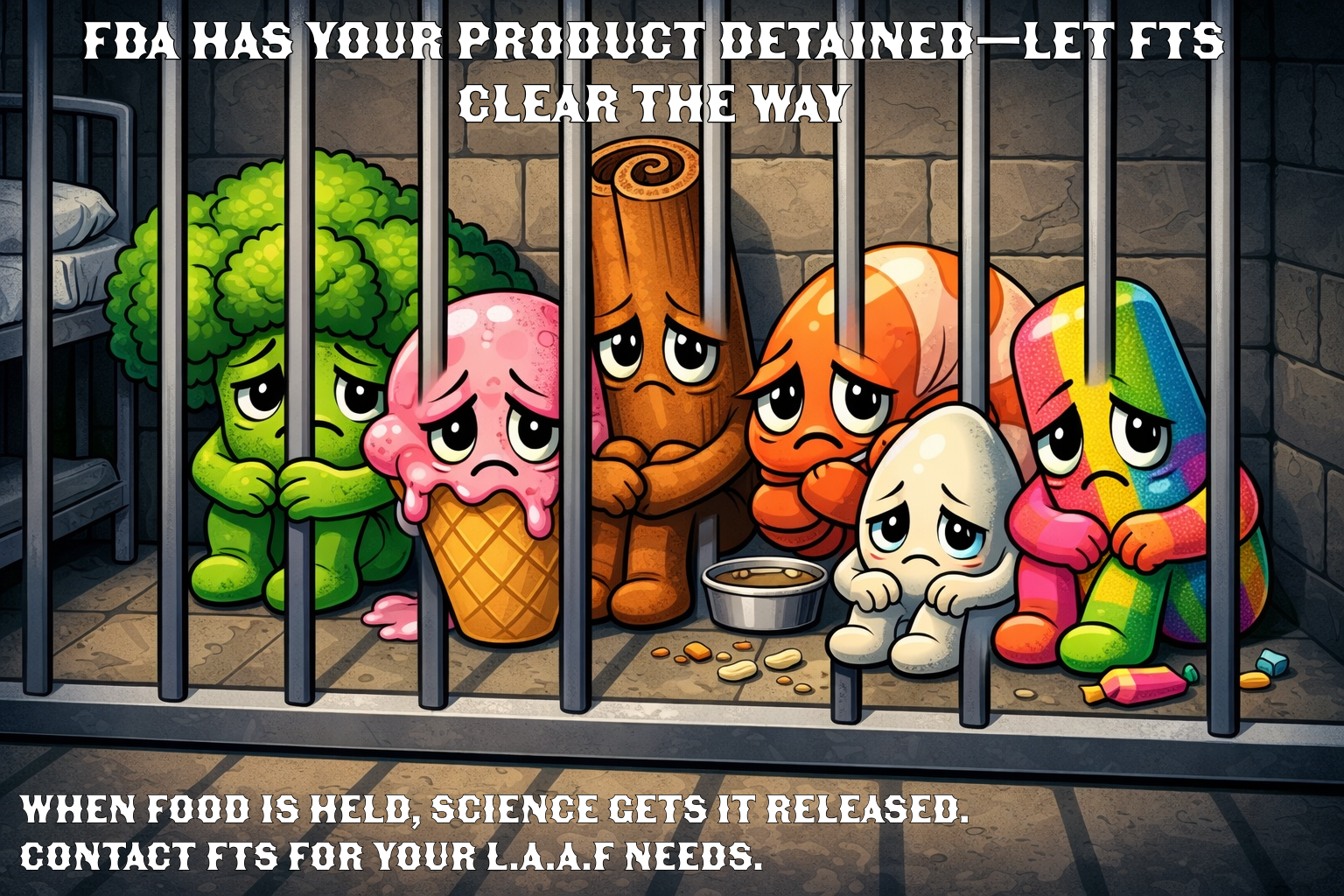 A cartoon depiction of sad, dejected food items including broccoli, ice cream, cinnamon stick, orange slice, garlic, and a rainbow-colored candy, behind prison bars with a stone wall background. Text at the top reads, "FBA has your product detained—l