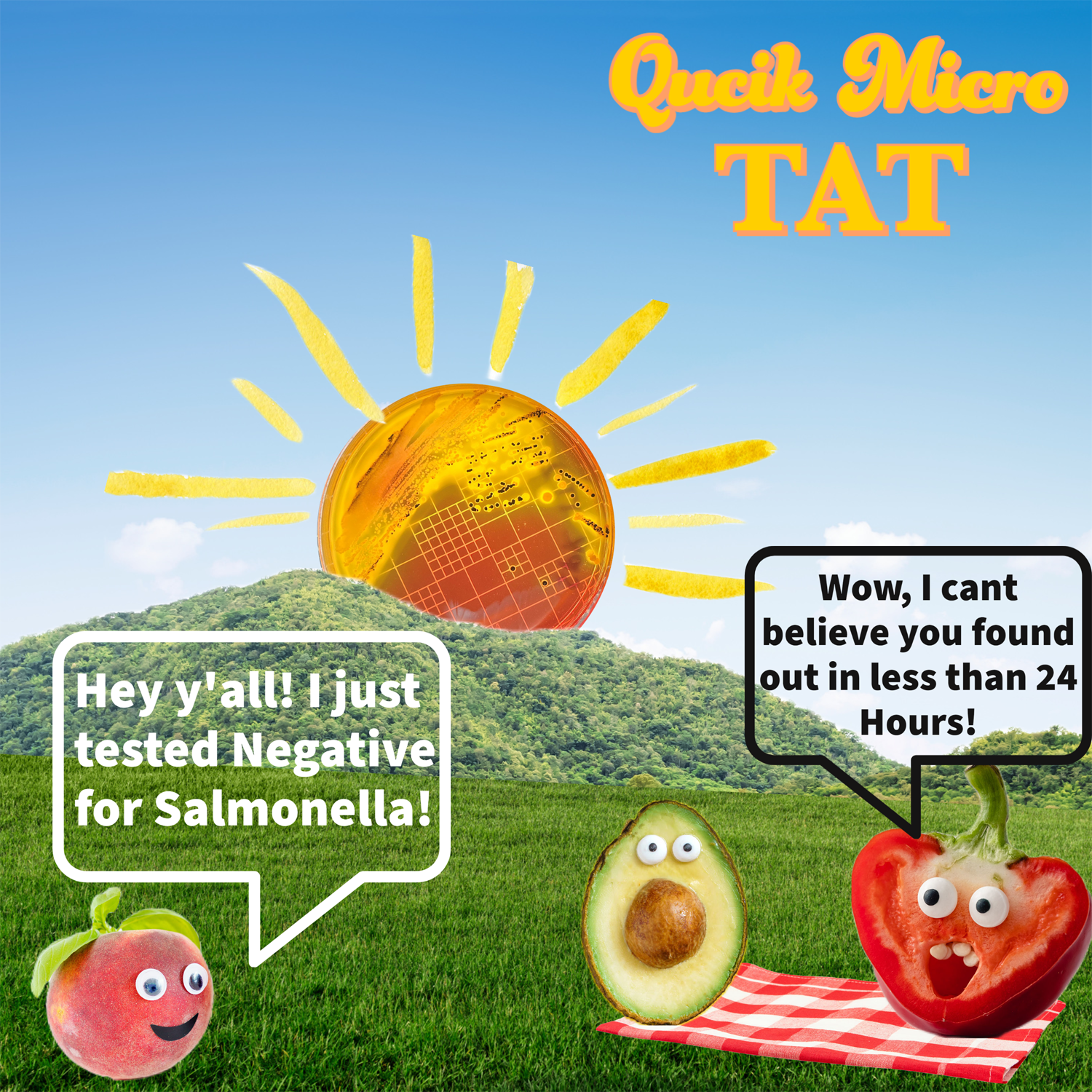 Cartoon animals made from fruits and vegetables with speech bubbles, set outdoors with a hill and clear sky. An apple with googly eyes and a smile says it tested negative for Salmonella. A cherry with googly eyes and a red pepper with googly eyes have speech bubbles about testing negative and rapid results.