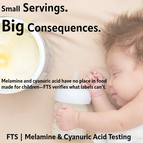 A sleeping baby lying next to a bottle of formula with a bowl of yellow mac and cheese nearby, and text promoting awareness about avoiding melamine and cyanuric acid in food for children.