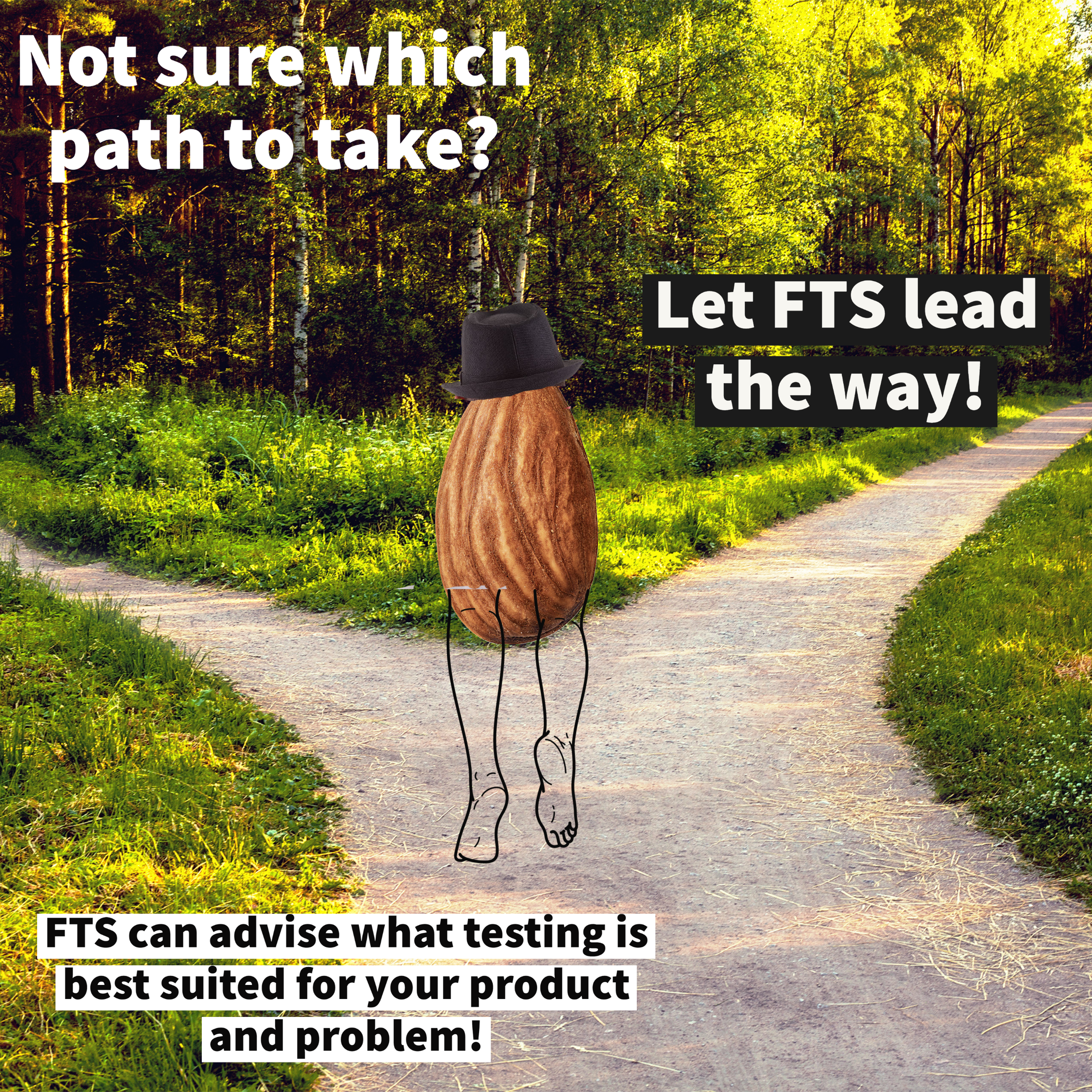 A wooded trail with a cartoonish dog figure wearing a black fedora hat standing on the side. Overlaid text reads: 'Not sure which path to take? Let ETS lead the way! ETS can advise what testing is best suited for your product and problem!'