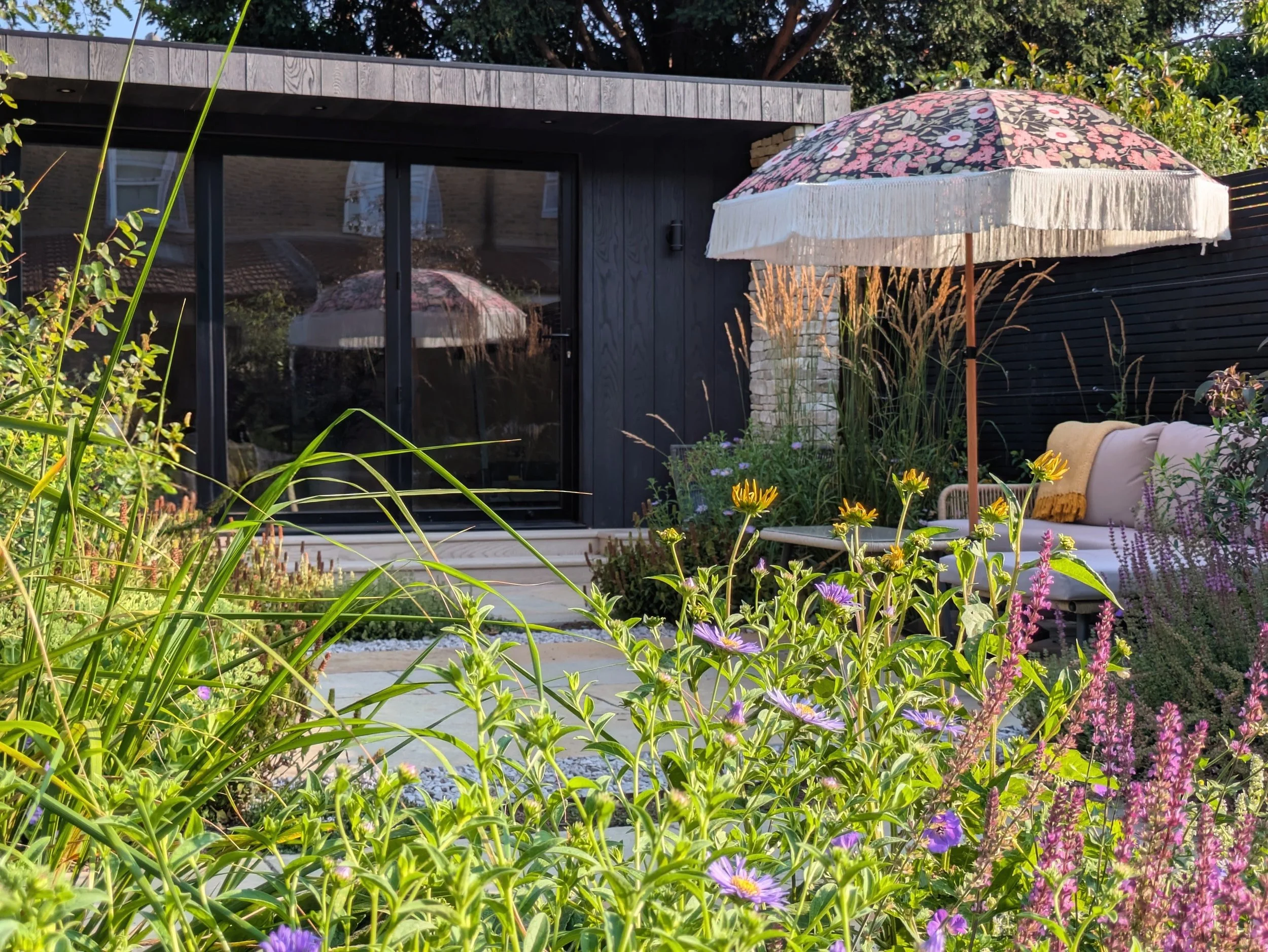 Pretty seating area with parasol