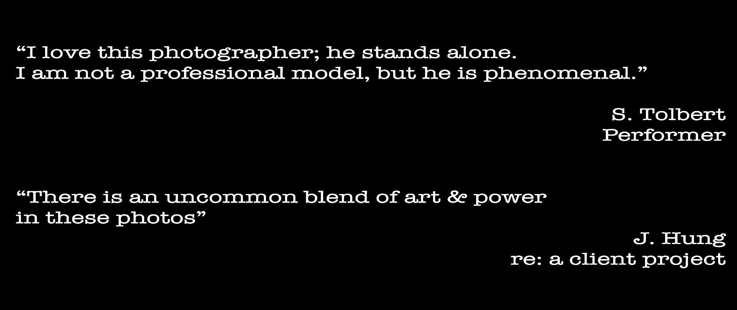 Black background with sharing quotes about photography and art in white text, attributed to S. Tolbert and J. Hung.