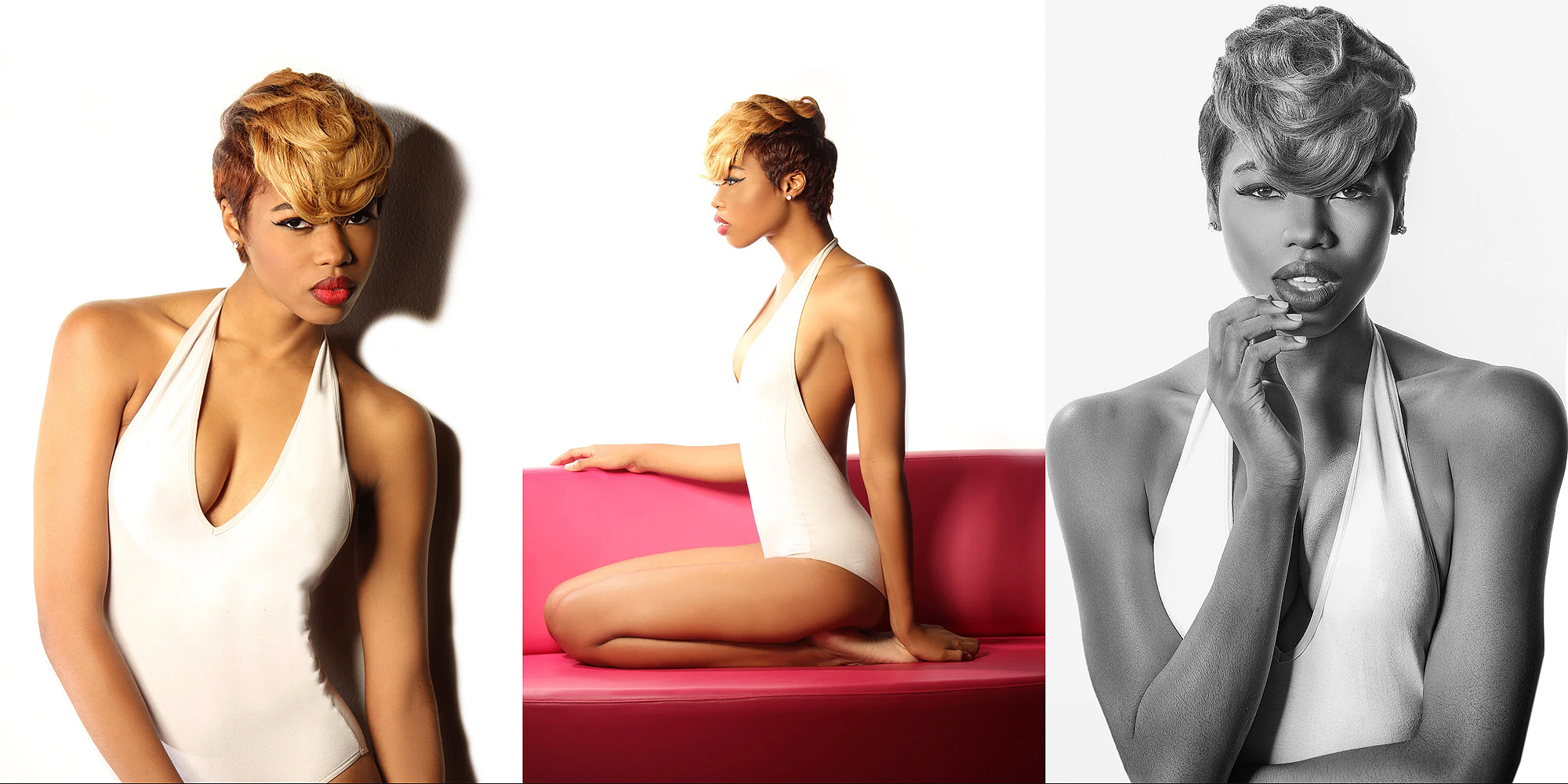 A woman with short, wavy, two-toned hair posing in a white halter swimsuit, sitting on her knees on a pink couch, with a shadow cast behind her. Another black-and-white photo of the same woman with the same hairstyle and swimsuit, touching her chin w
