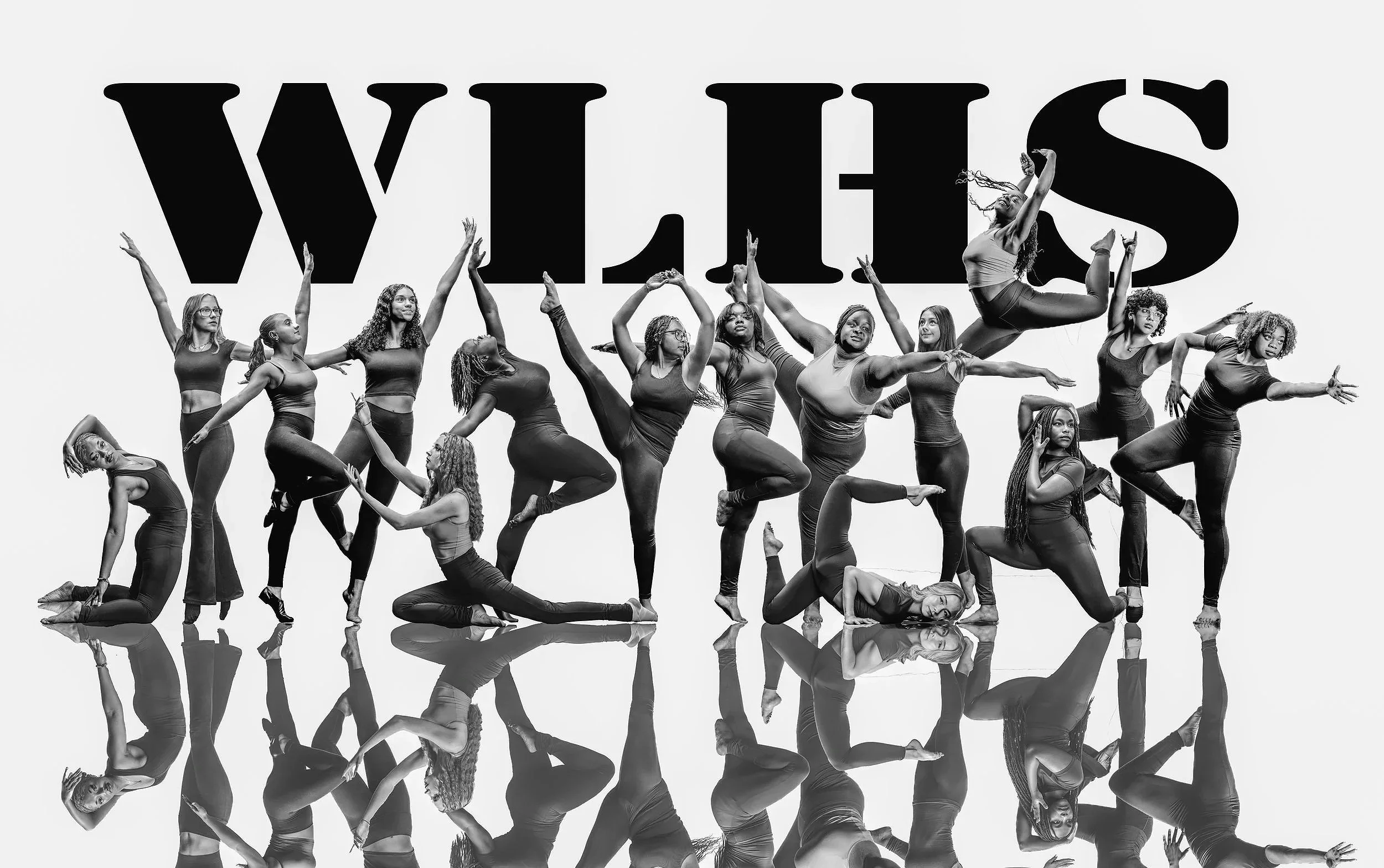 Group of diverse women in various yoga poses on a reflective surface with the word "WILD" in large black text above them. Best-Fashion-Portrait-Commercial-Business-Headshots-Corporate- photography-Maryland-Washington D.C.-Pennsylvania-Virginia