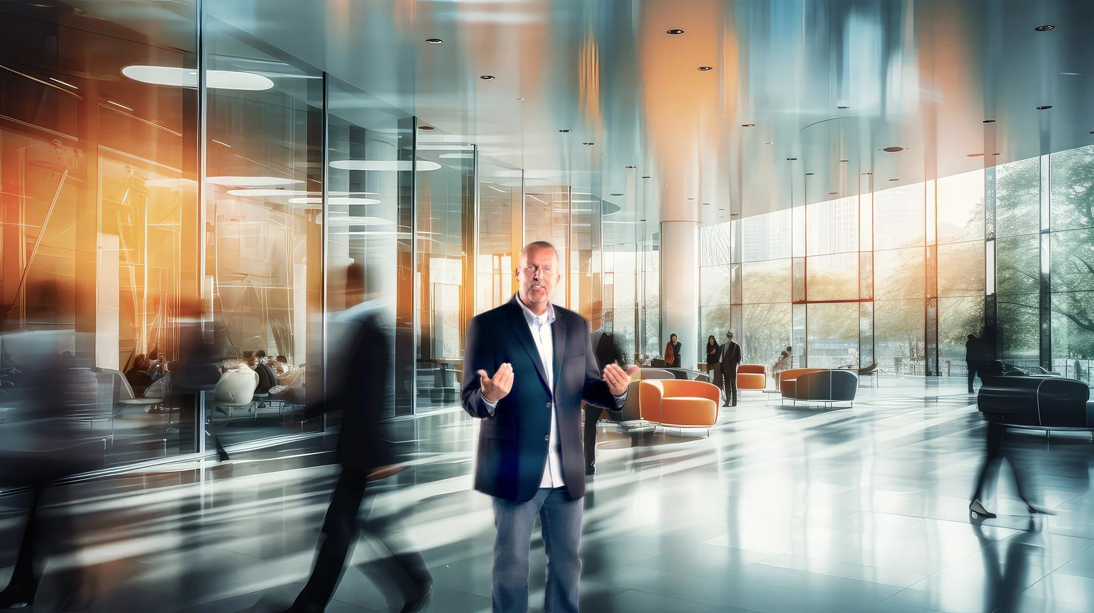 A man in a suit standing and talking in a spacious, modern lobby with large glass windows, orange seating, and people walking around. Jack Siney SmartProcure/GovSpend. www.exvotostudio.com