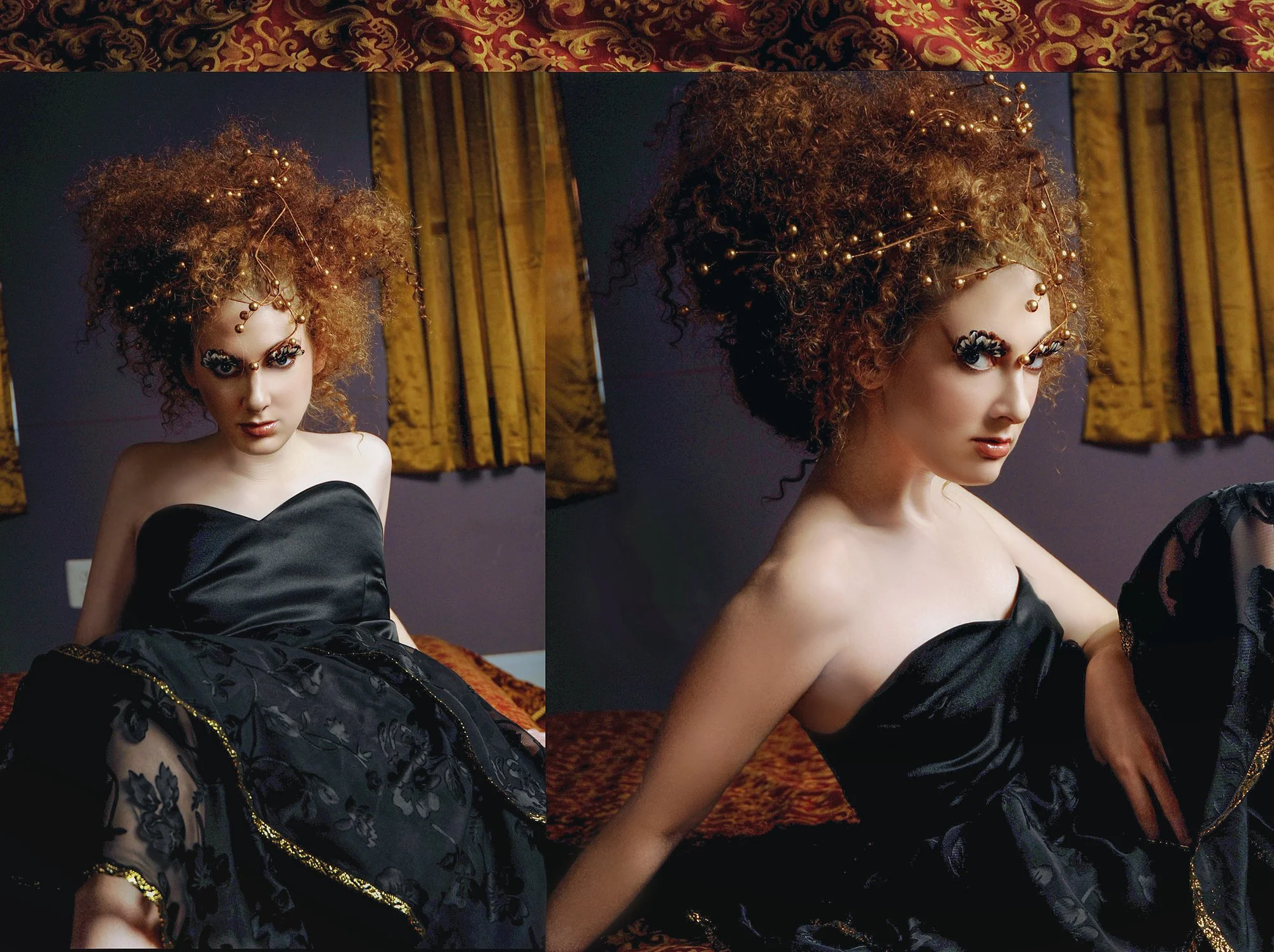 A woman with curly red hair jewelry, wearing a black strapless dress, poses on a bed with patterned sheets, in front of a purple wall with yellow curtains. Best-Fashion-Portrait-Commercial-Business-Headshots-Corporate- photography-Maryland-Washington