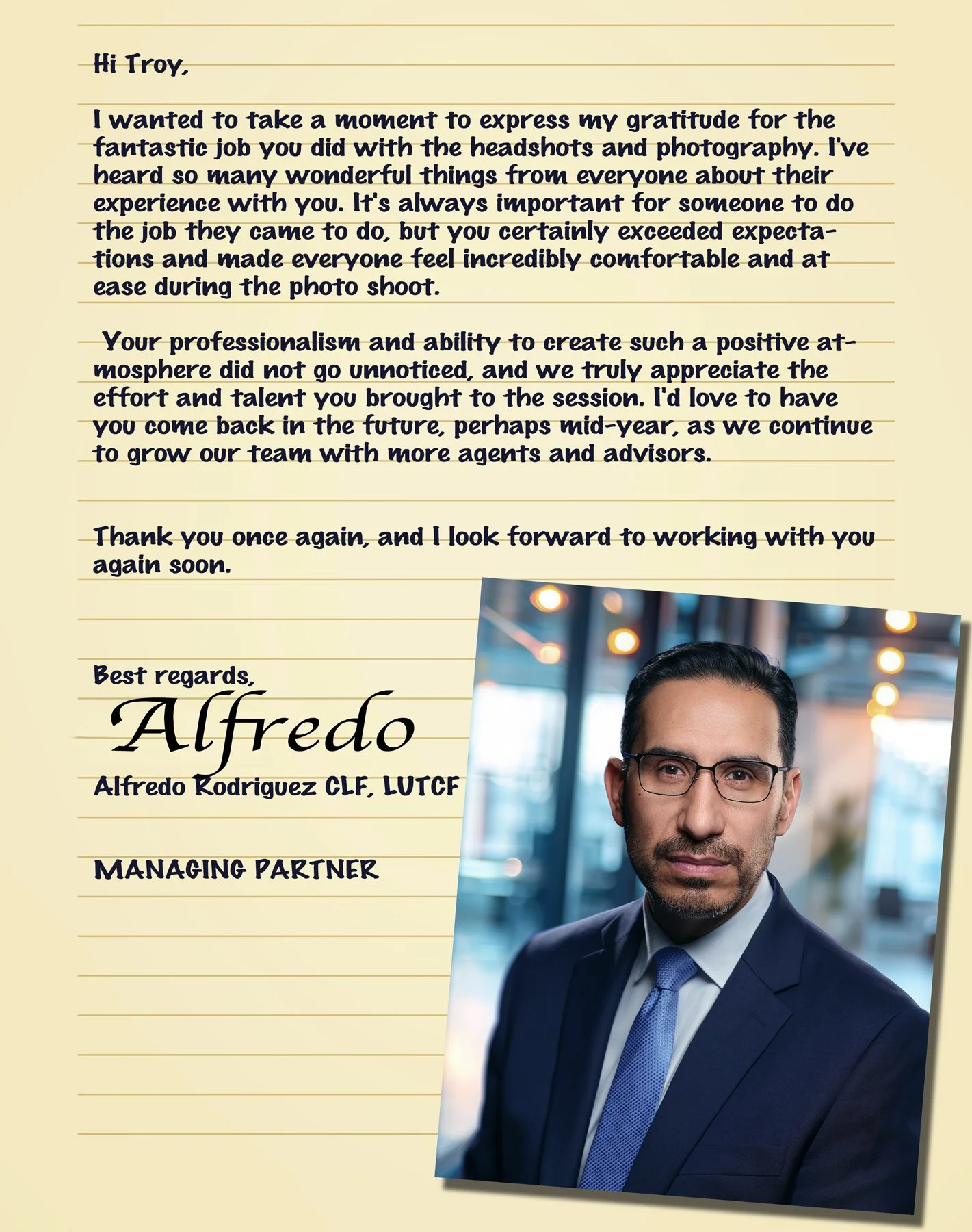 Letter of appreciation with a professional photograph of New York Life Agent, a man in a suit and glasses, at the bottom right corner.
