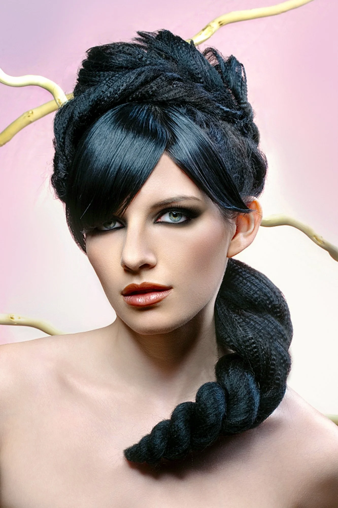 A woman with styled black hair, including a twisted braid and side-swept bangs, posing against a pink background with yellow decorative elements. Best-Fashion-Portrait-Commercial-Business-Headshots-Corporate- photography-Maryland-Washington D.C.-Penn