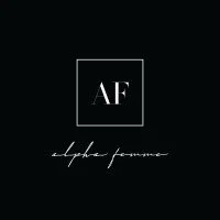 Black background with a white square outline containing the initials 'AF' and the words 'alpha femme' written below in cursive.