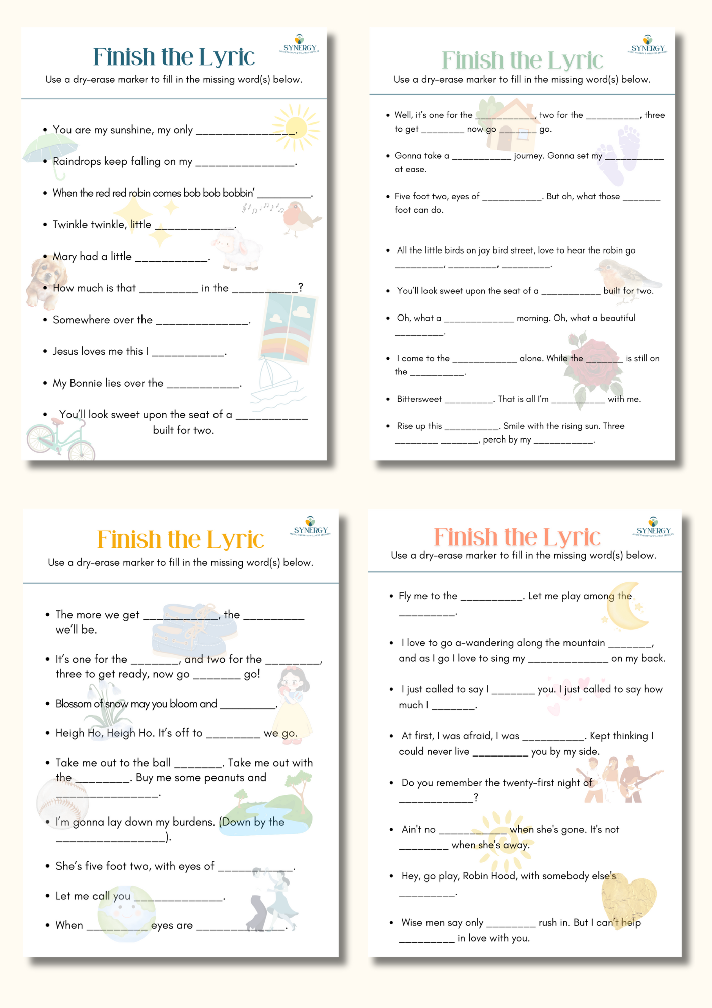 Finish The Lyric Activity Sheets (for Older Adults)