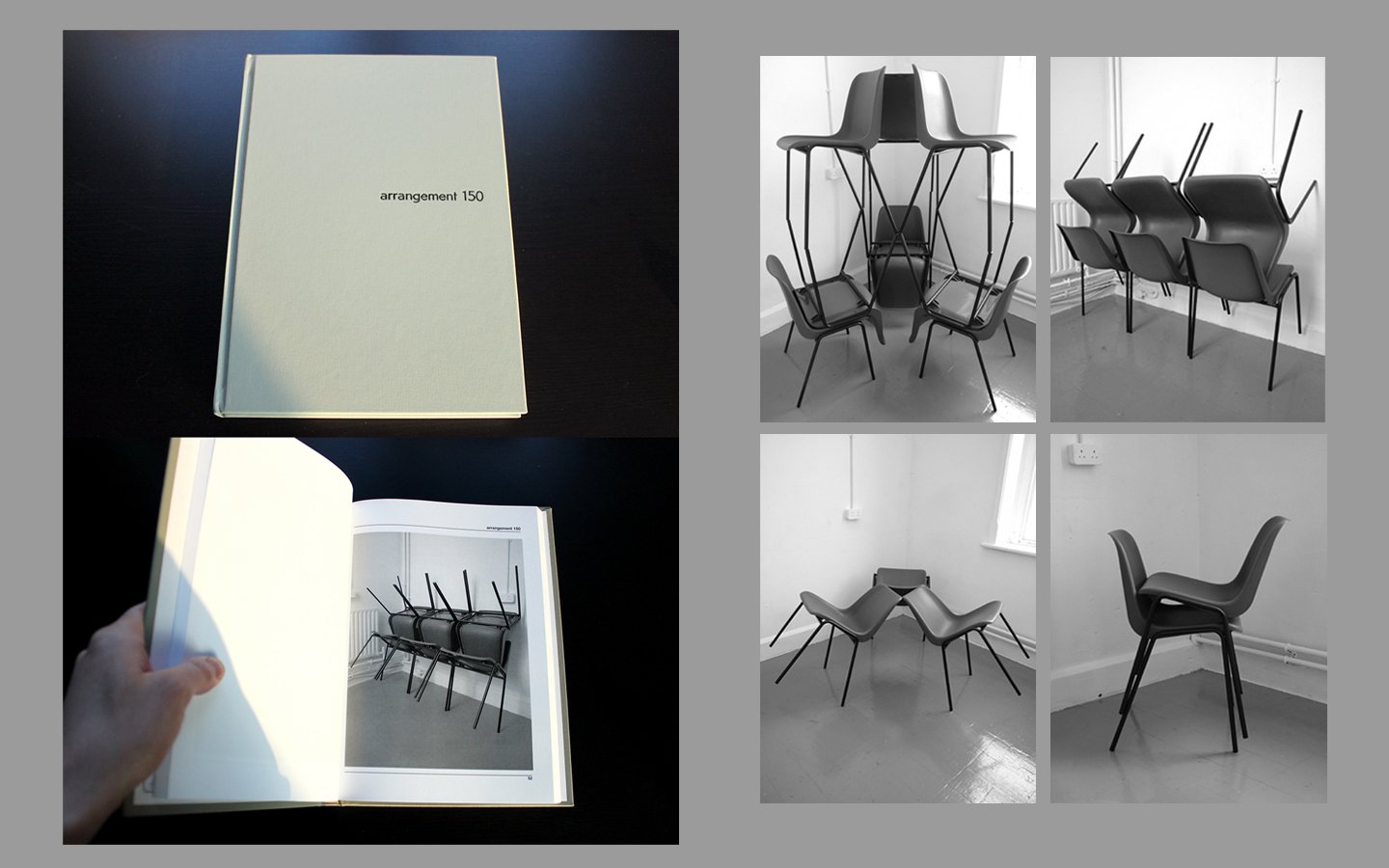 arrangement150/2010/hardbound artist book/edition of 5///   This series documents 150 individual arrangements of plastic stackable chairs.
The arrangements consist of groups numbering from one to ten chairs.  All arrangements were assembled and recor